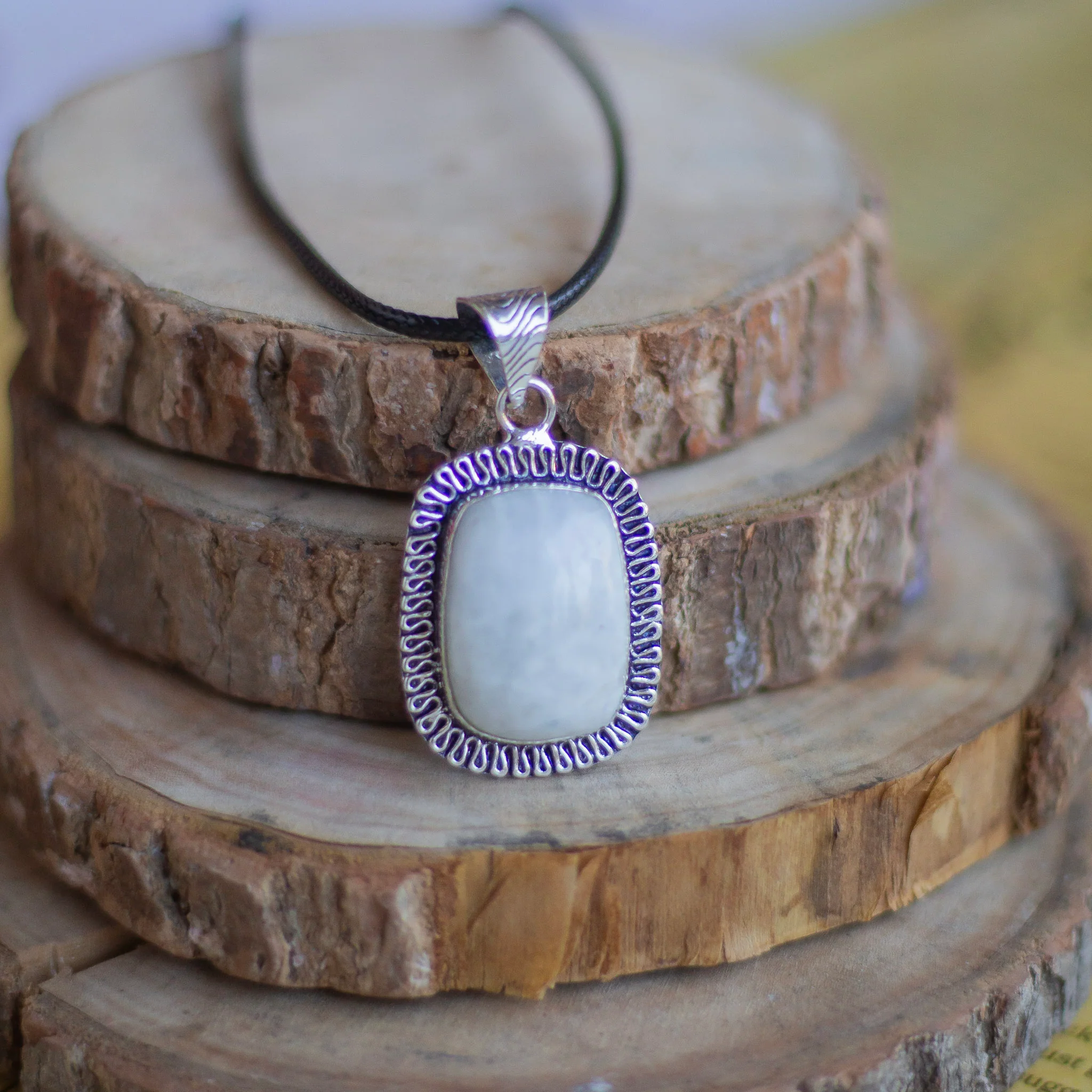 Rainbow moonstone Oxidised Pendant with Cord | Cultivates Compassion & empathy - Image 2