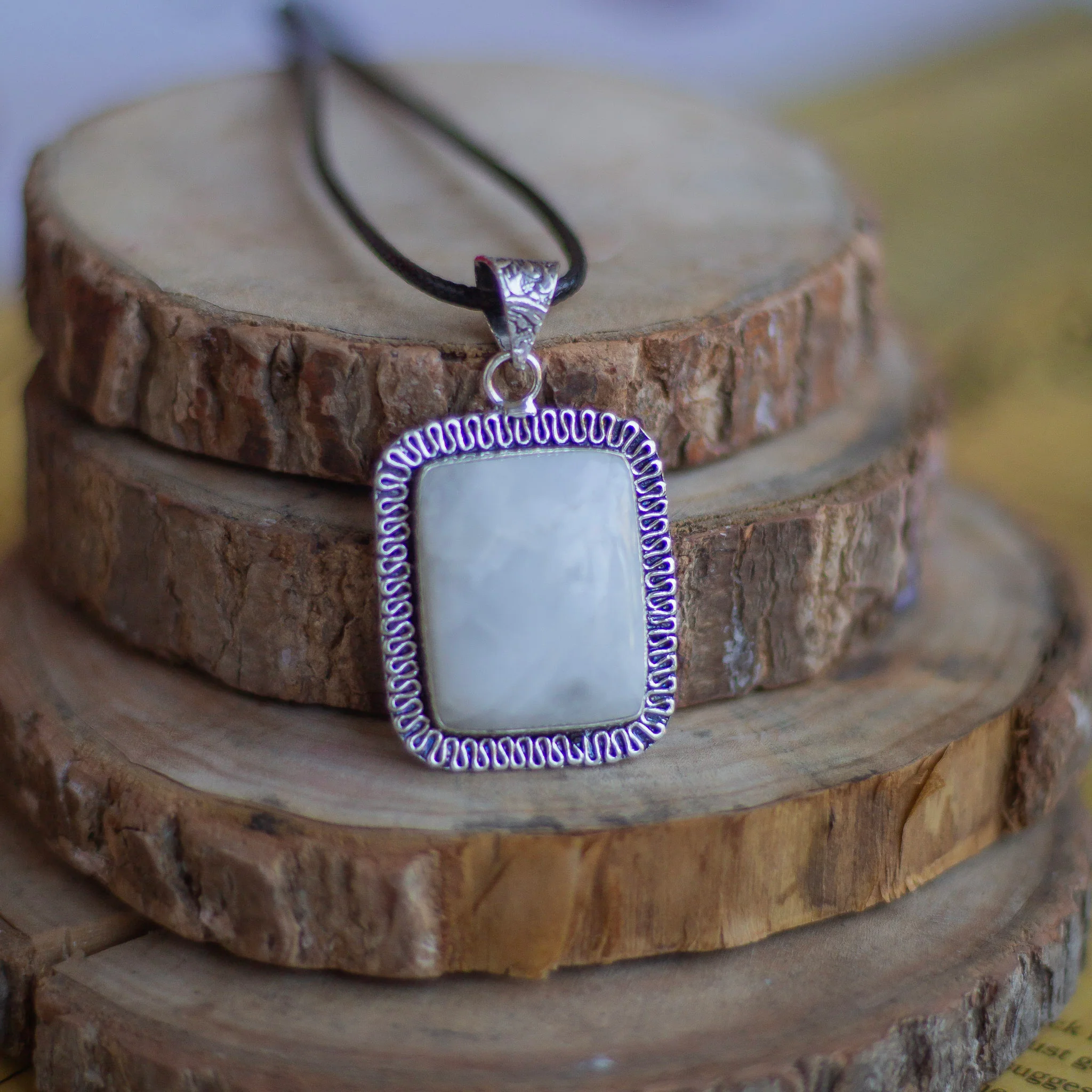 Rainbow moonstone Oxidised Pendant with Cord | Cultivates Compassion & empathy - Image 2