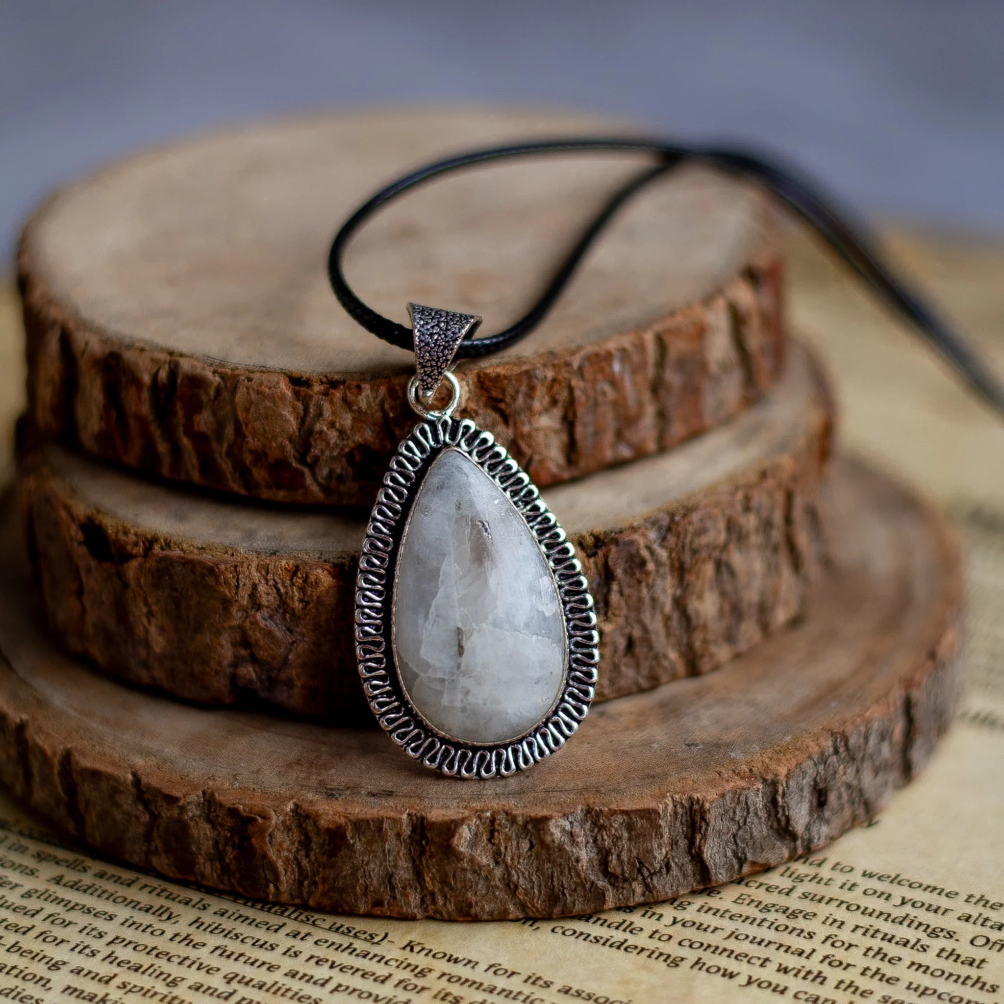 Rainbow moonstone Pendant with Black Cord | Cultivates Compassion & empathy - Image 2