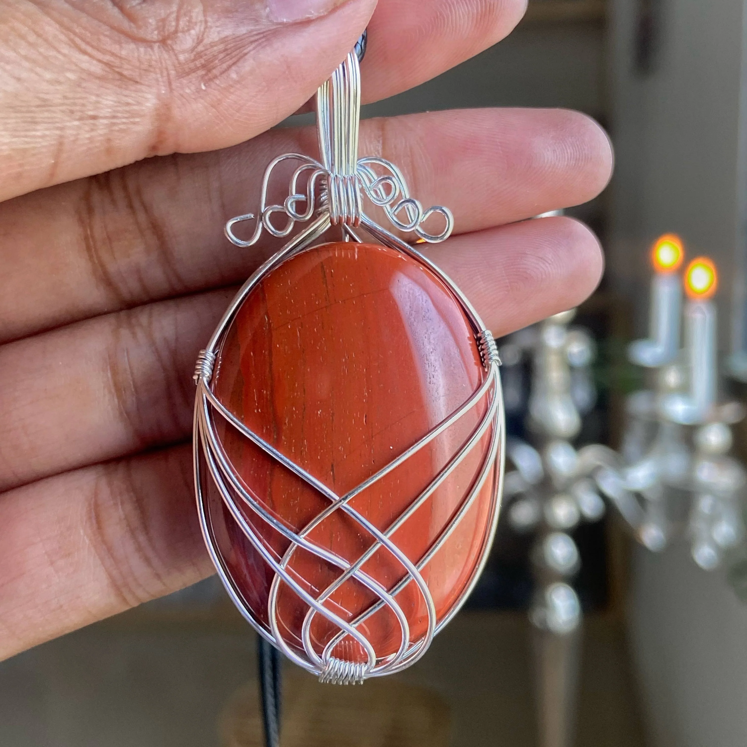 Red Jasper silver wire wrapped pendant with black cord | Grounding & Restoring Balance