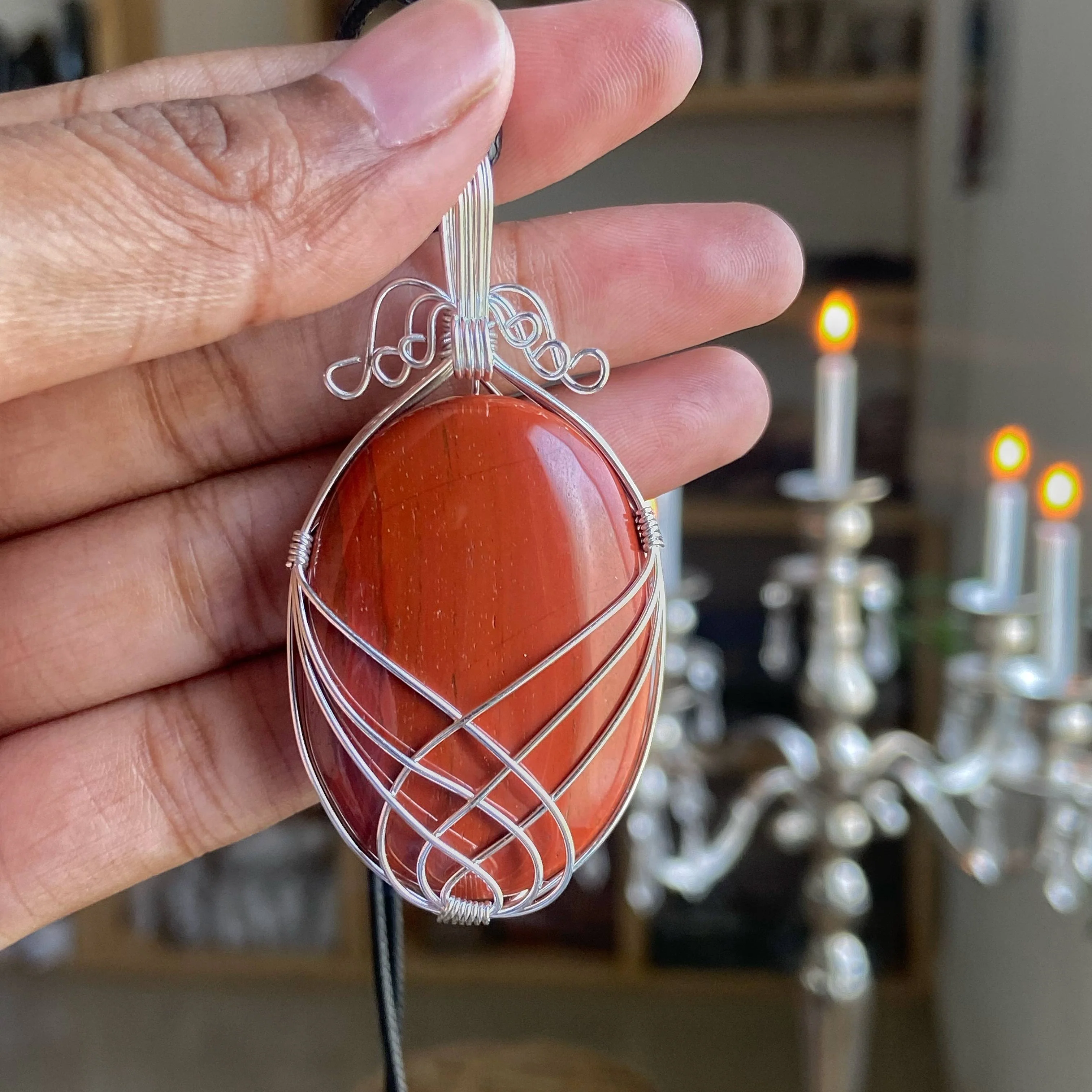 Red Jasper silver wire wrapped pendant with black cord | Grounding & Restoring Balance - Image 2