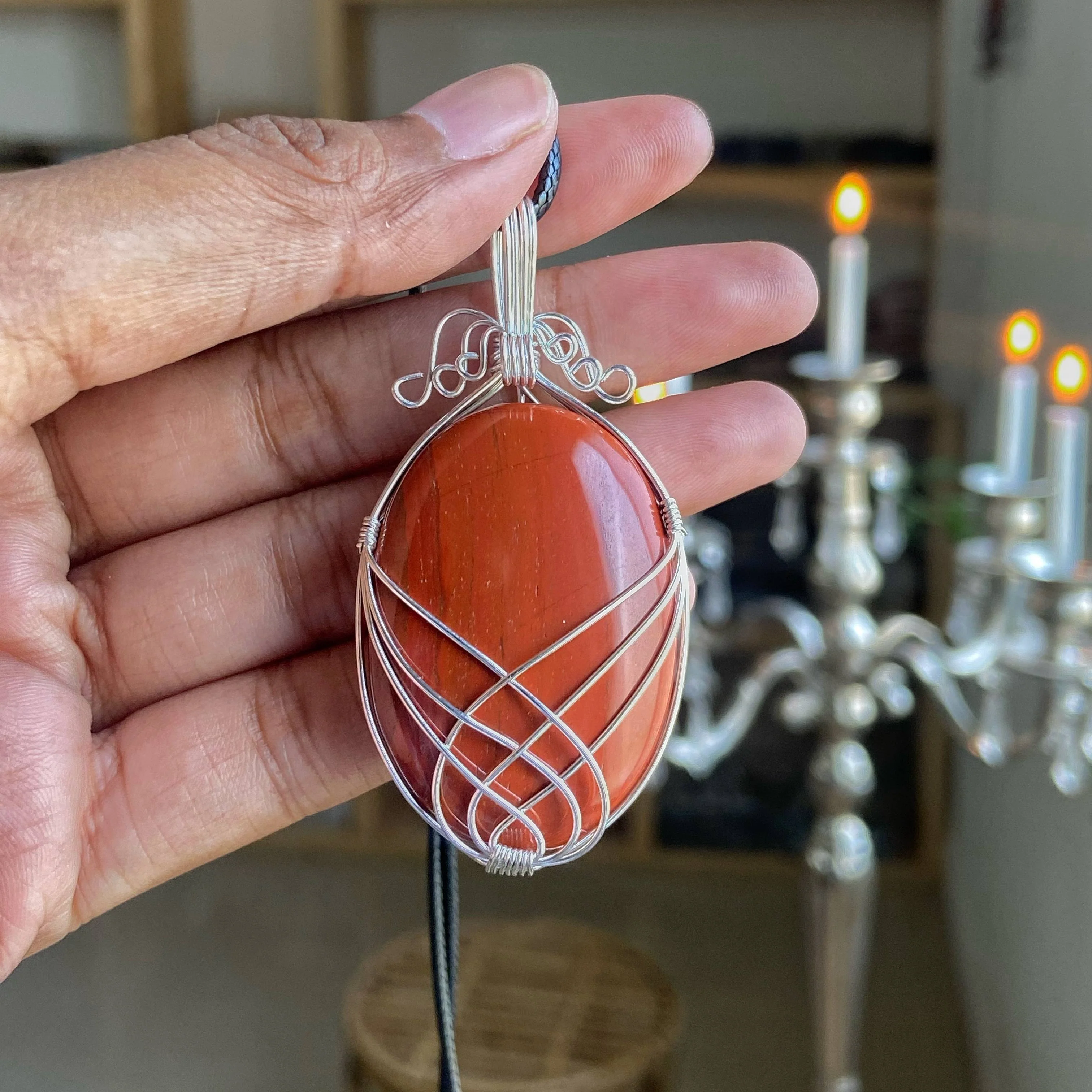Red Jasper silver wire wrapped pendant with black cord | Grounding & Restoring Balance - Image 3