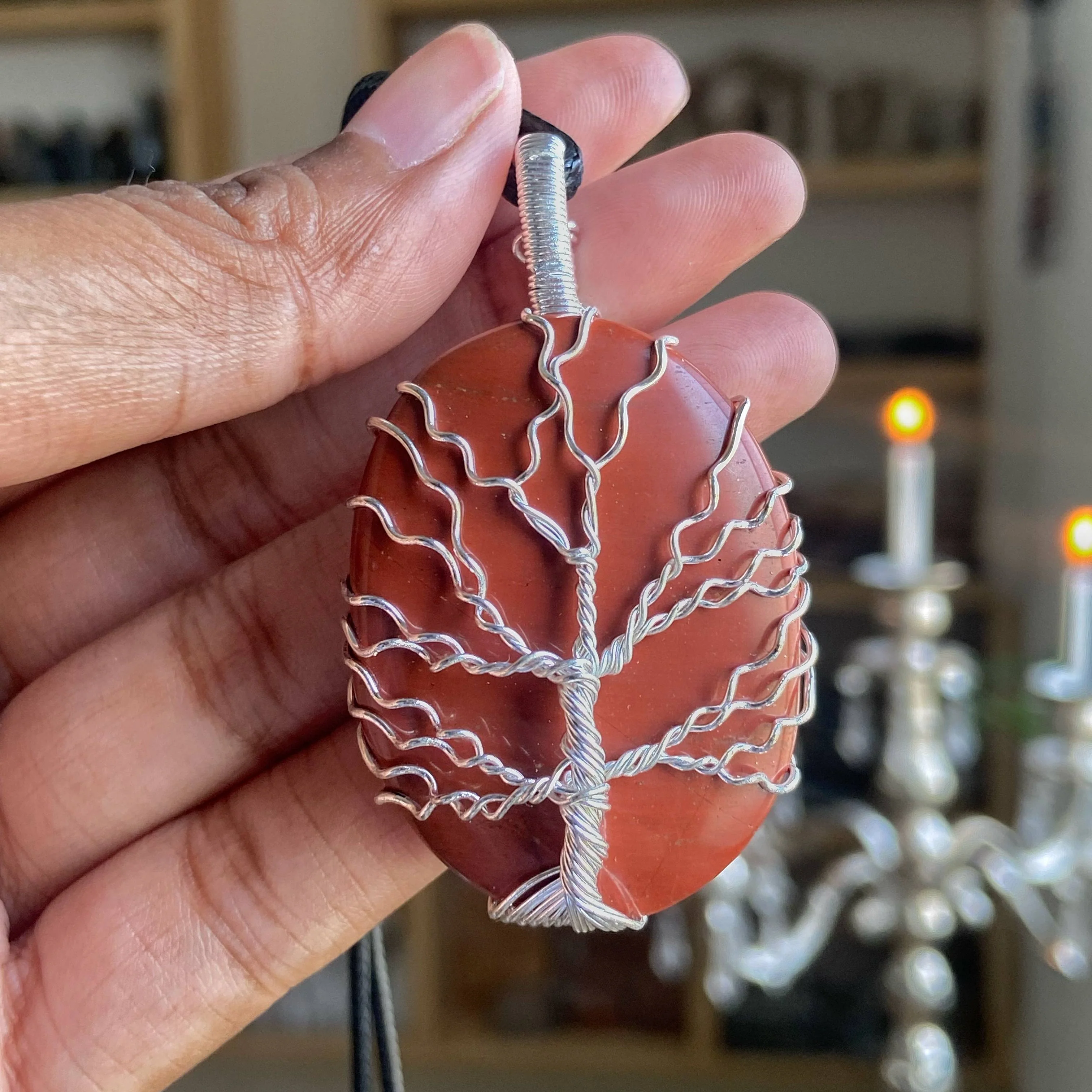 Red Jasper tree of life wire wrapped pendant with black cord | Grounding & Restoring Balance - Image 4