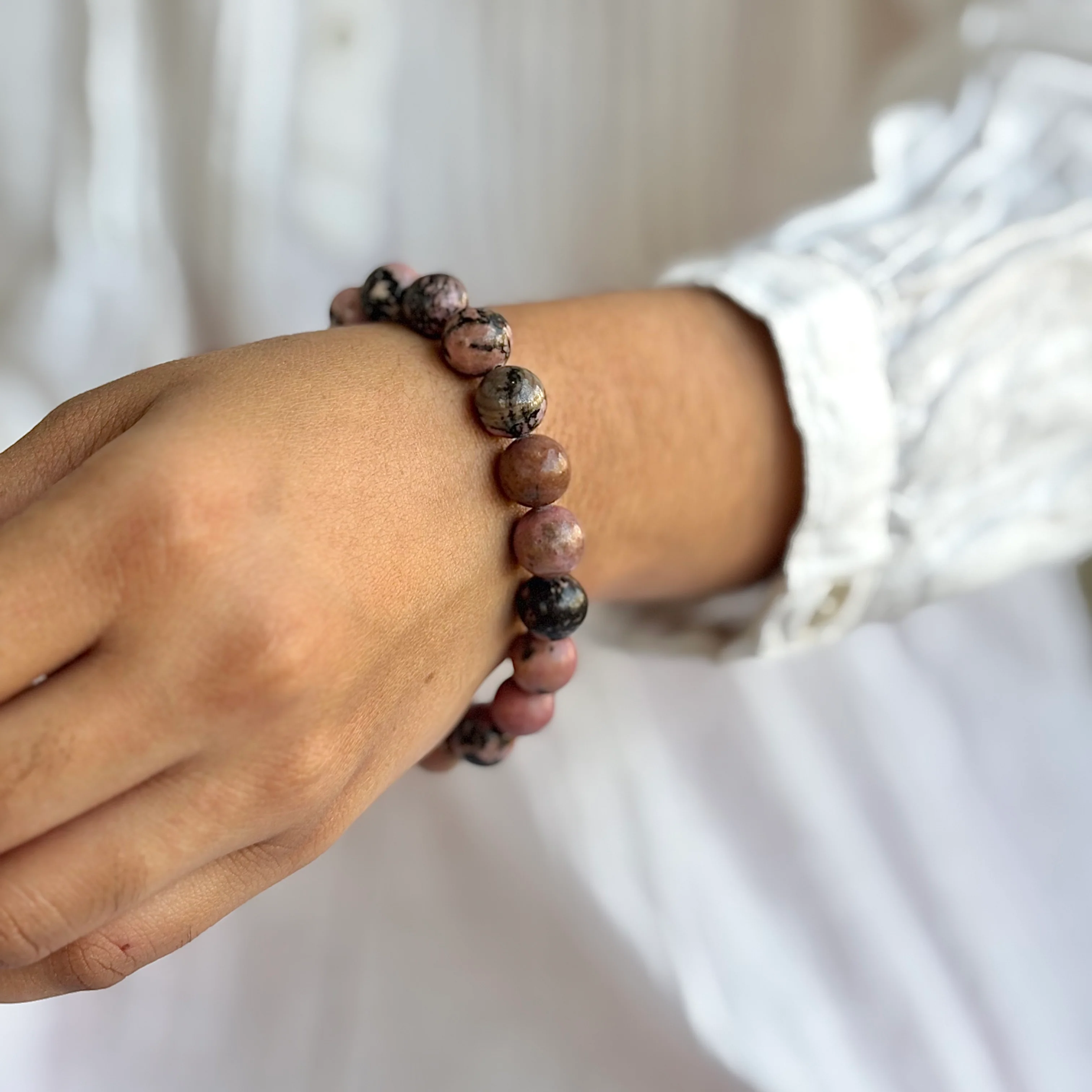 Rhodonite Bead Bracelet - 10mm | Attract love in general and promotes inner Peace - Image 2