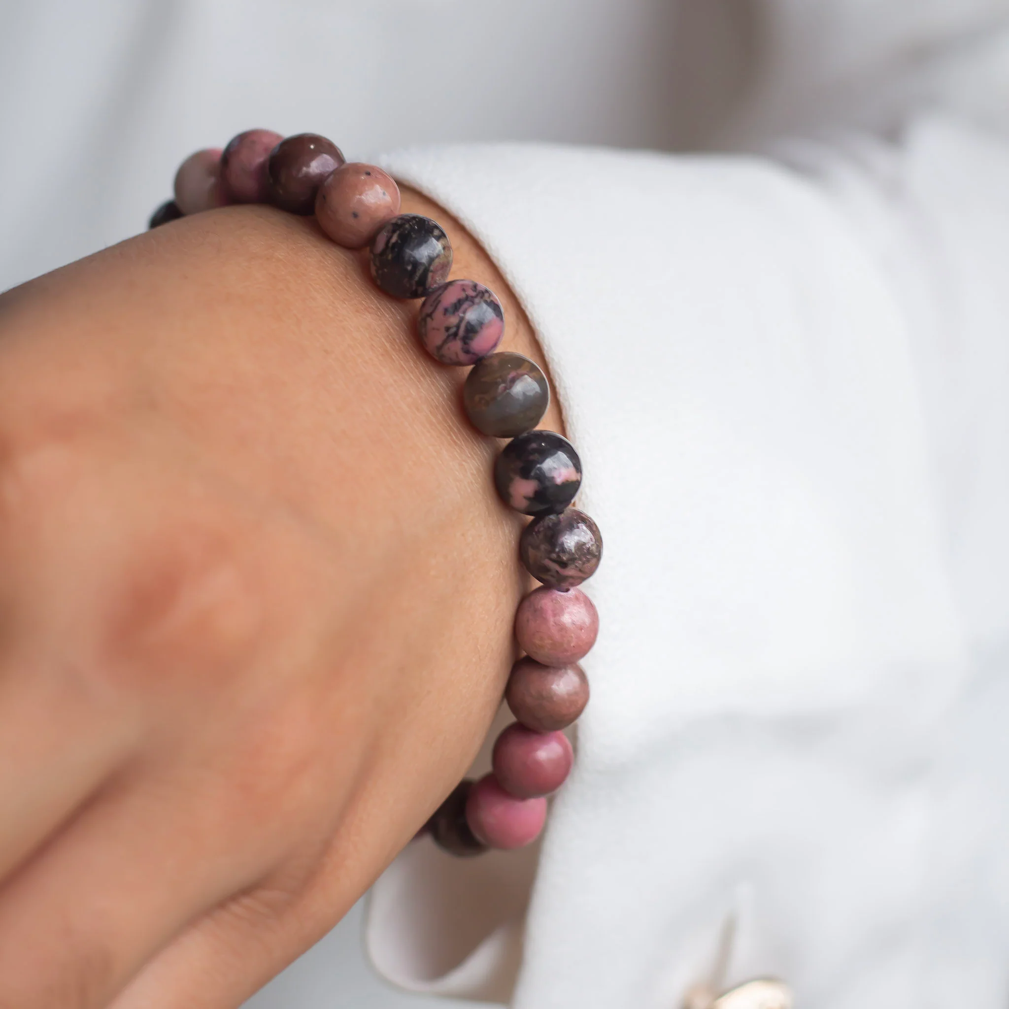 Rhodonite Beads Bracelet - 8mm | Attract love in general and promotes inner Peace - Image 3