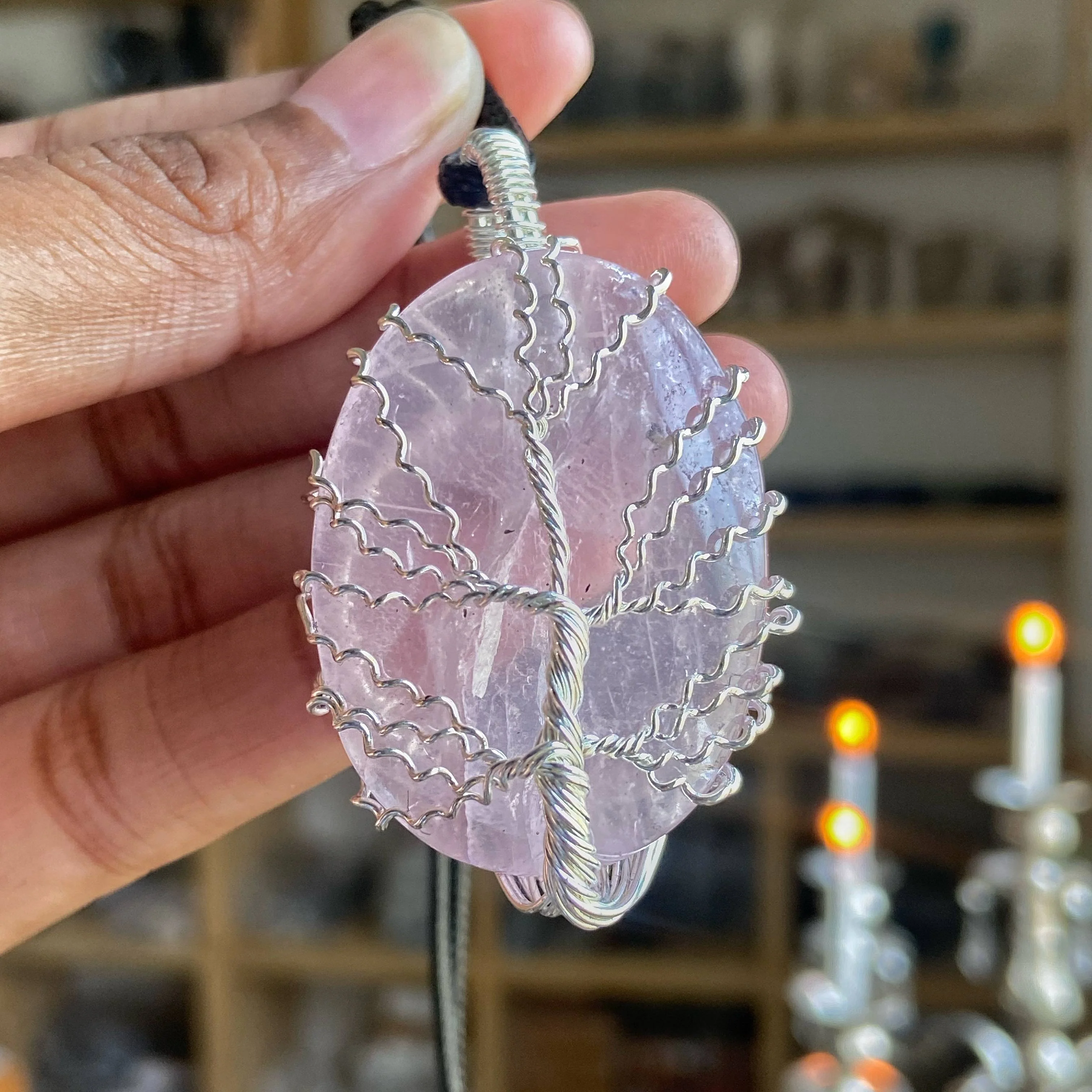 Rose Quartz tree of life silver wire wrapped pendant with cord - Image 2