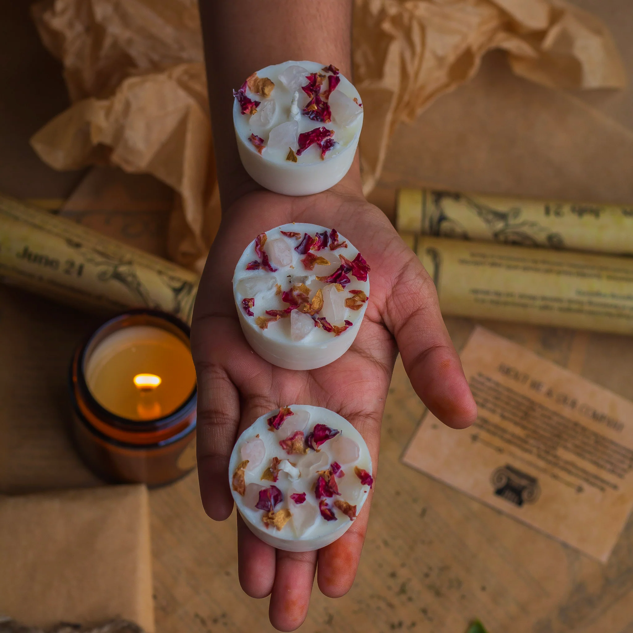 Rose + Rose Quartz + Scented Soy Wax Tealight Refill Candles- Set of 8 - Image 2