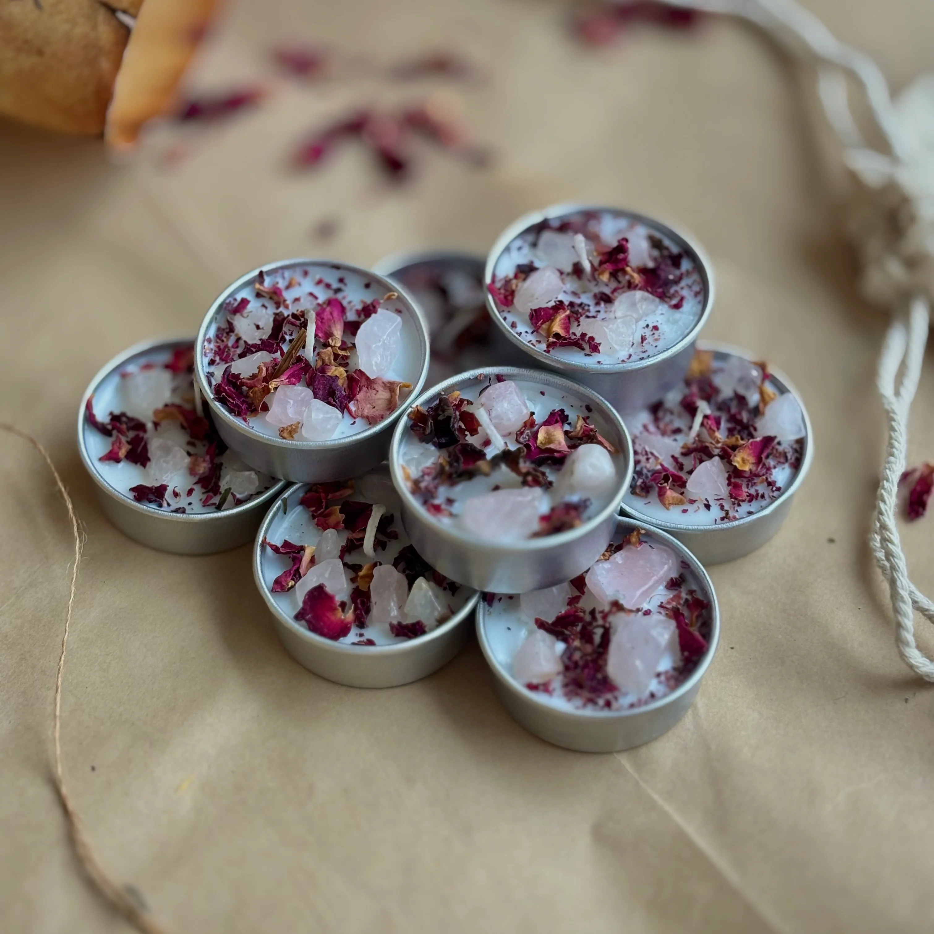 Rose Quartz & Rose Petal Soy Tealight Candle - Image 7