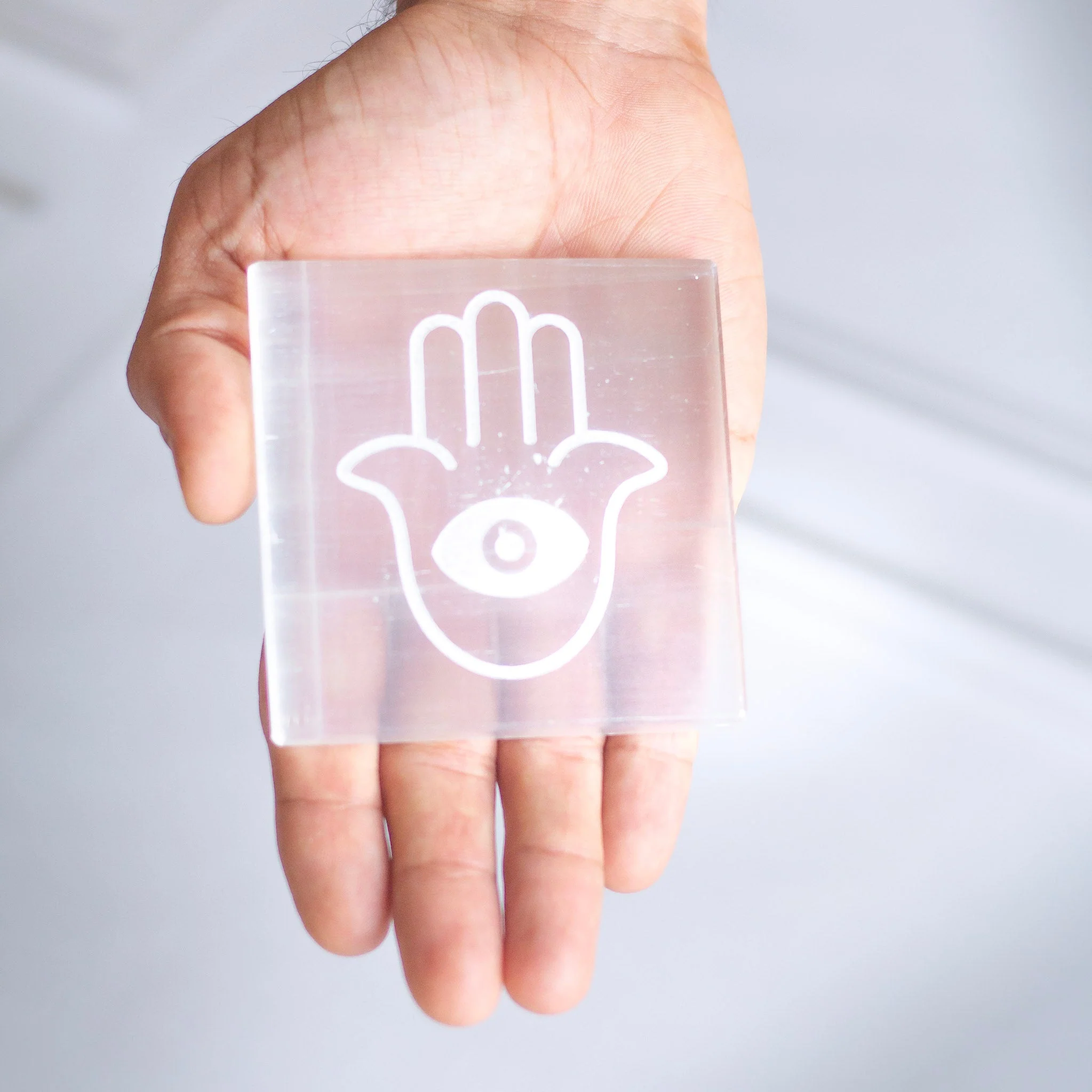 Selenite Charging Plate with the symbol of Hamsa (Satin Spar Selenite) | Selenite | Stone for Spiritual work & Cleansing
