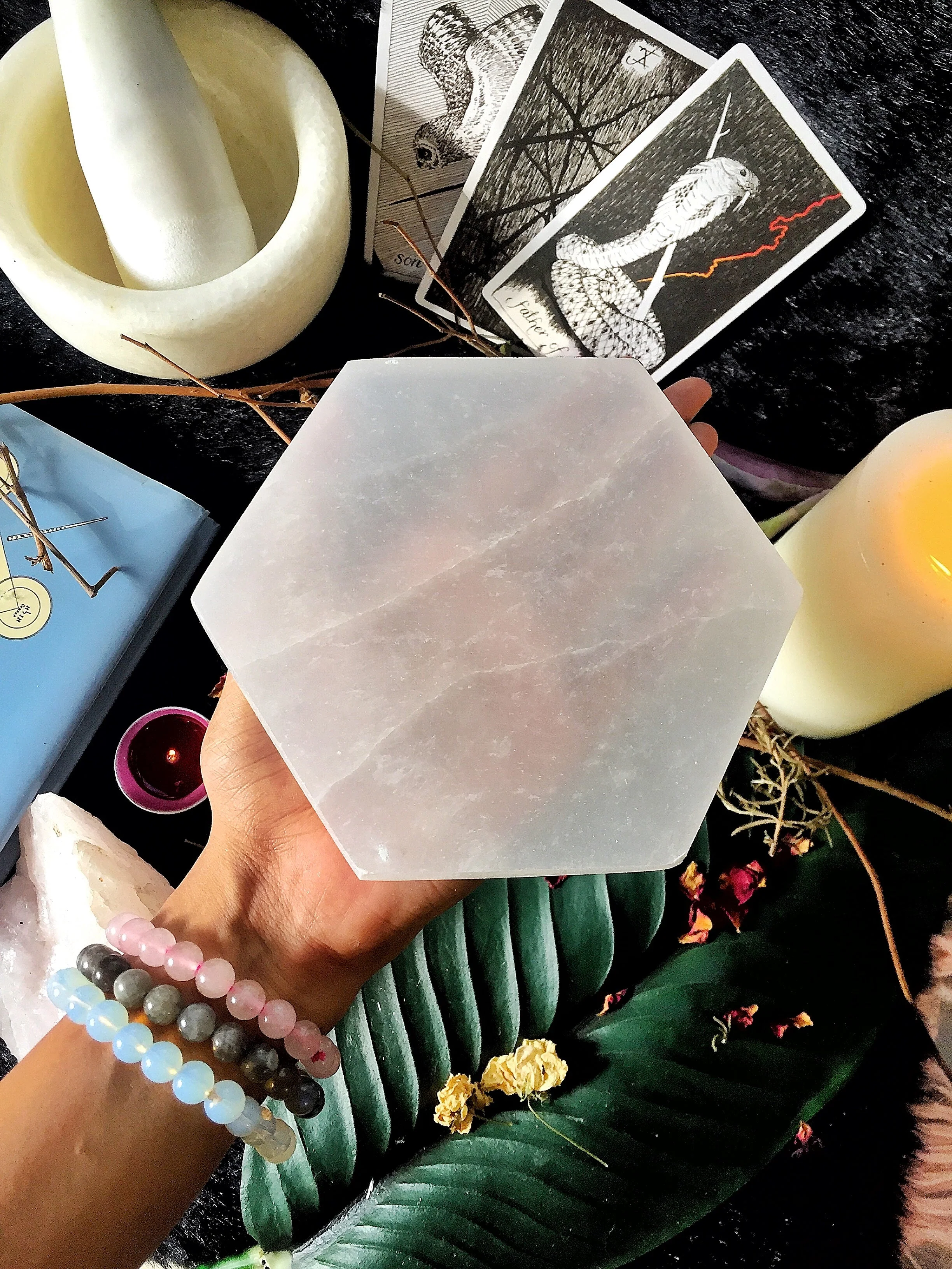 Selenite Crystal Charging Hexagon Plate (Satin Spar Selenite) Tile - Image 5
