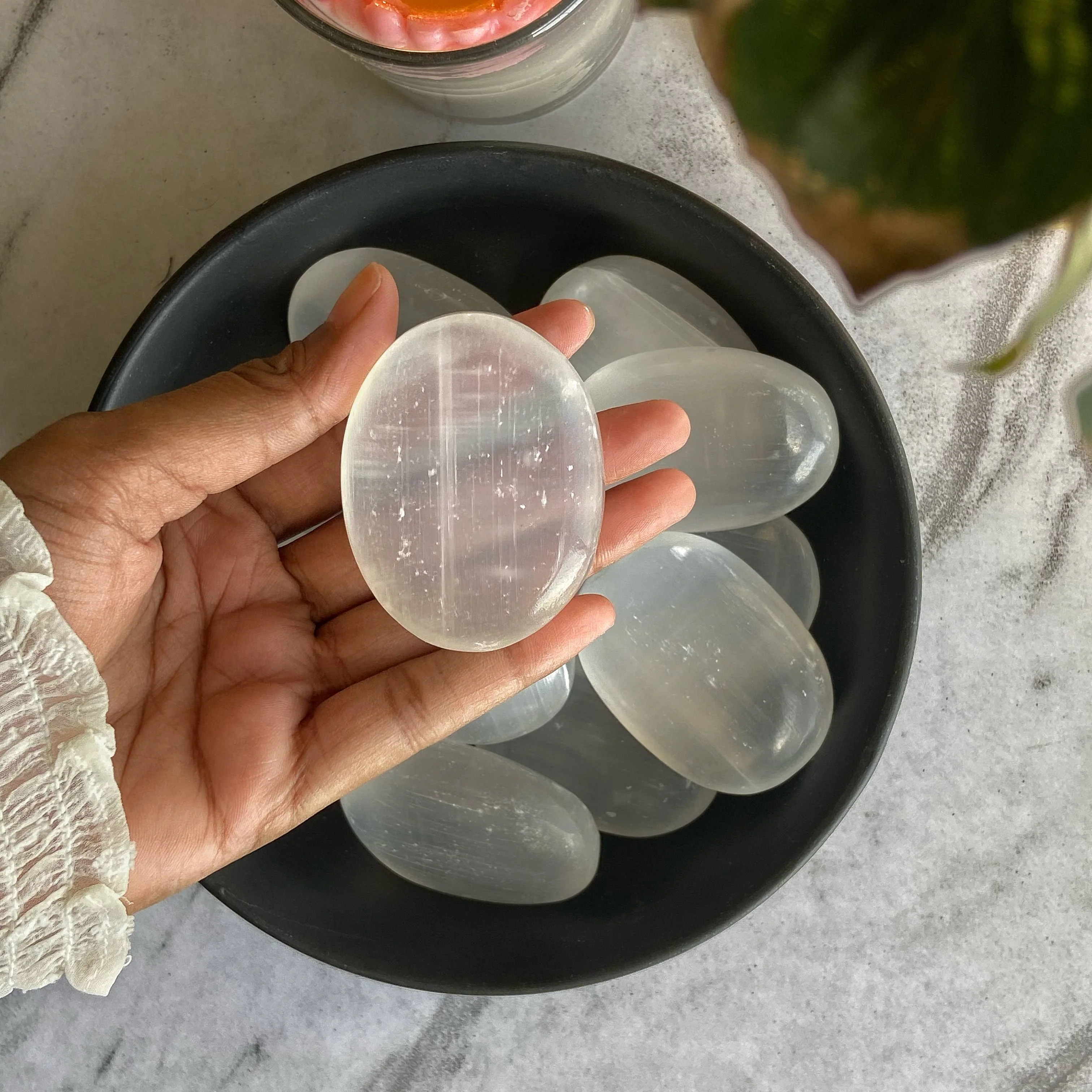 Selenite Palm Stone (Satin Spar Selenite) | Cleansing & Purification | Crown Chakra - Image 4