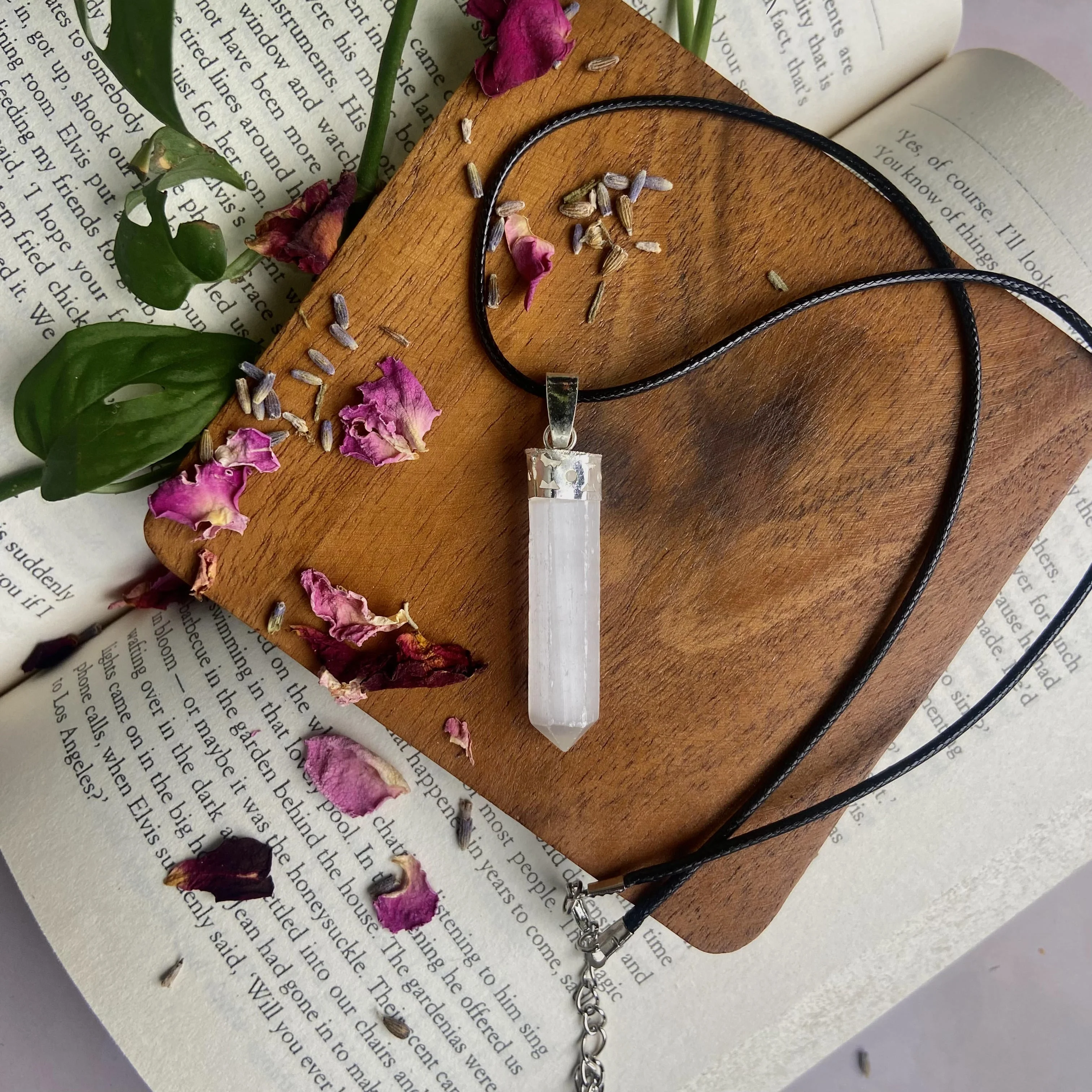 Selenite Pencil Pendant with leather cord (Satin Spar Selenite) | Cleansing & Purification | Crown Chakra