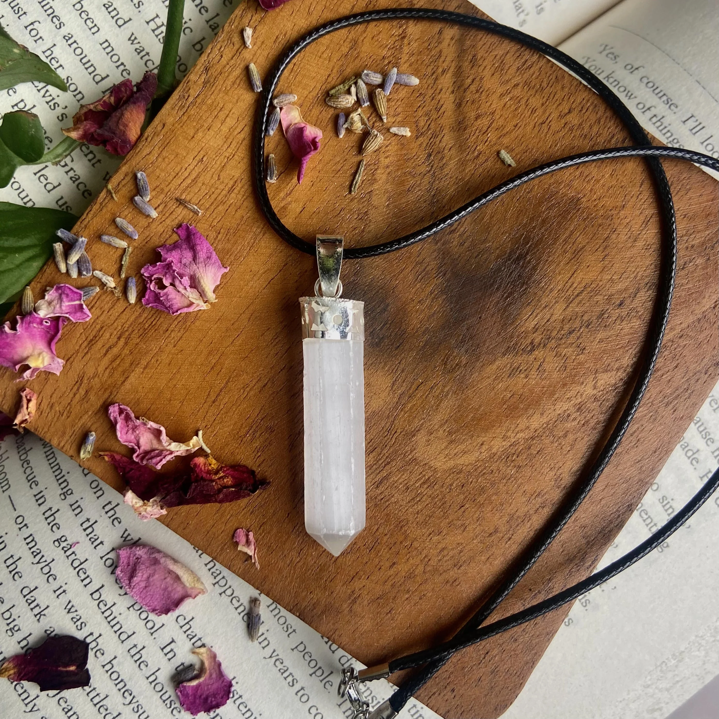 Selenite Pencil Pendant with leather cord (Satin Spar Selenite) | Cleansing & Purification | Crown Chakra - Image 2