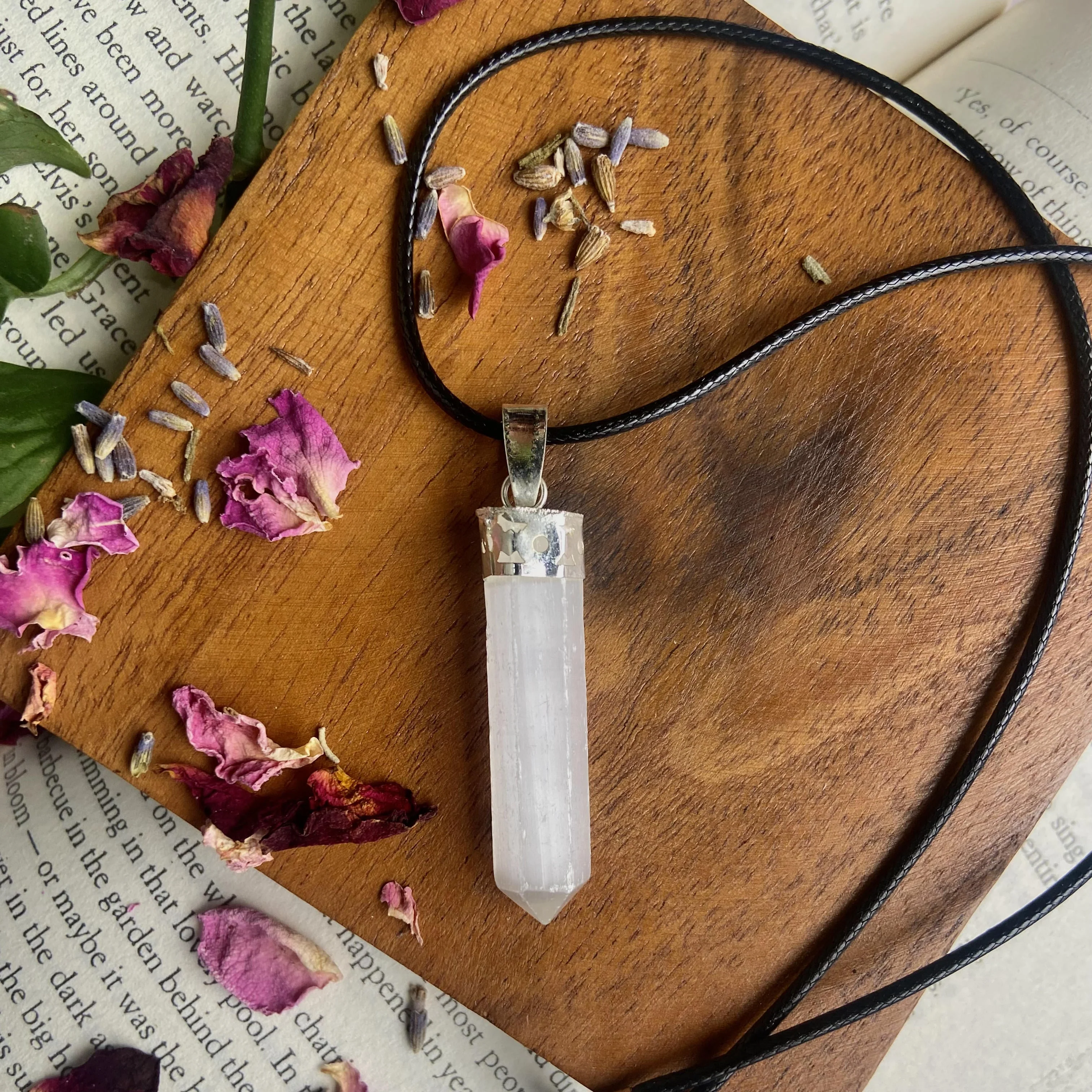 Selenite Pencil Pendant with leather cord (Satin Spar Selenite) | Cleansing & Purification | Crown Chakra - Image 3