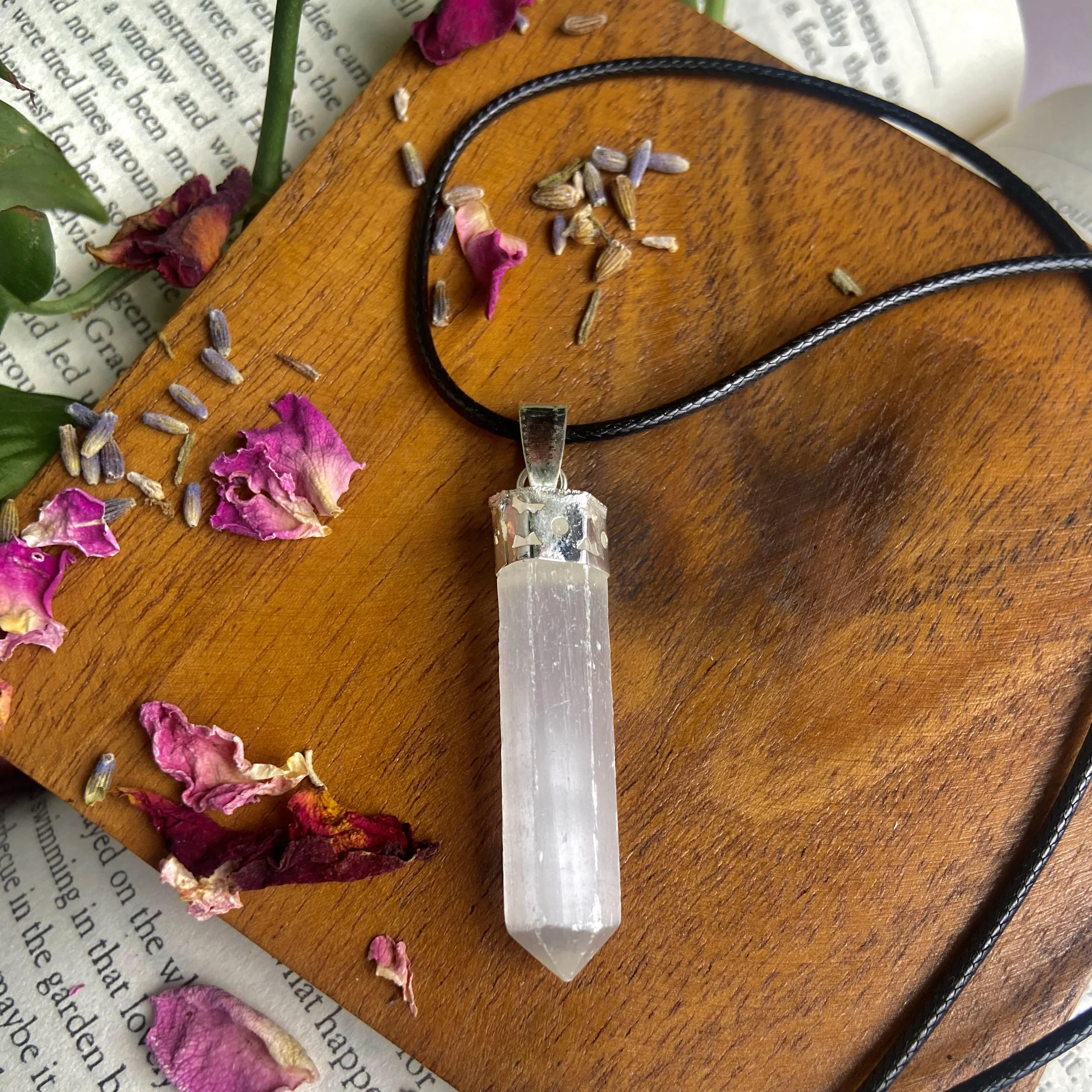 Selenite Pencil Pendant with leather cord (Satin Spar Selenite) | Cleansing & Purification | Crown Chakra - Image 4