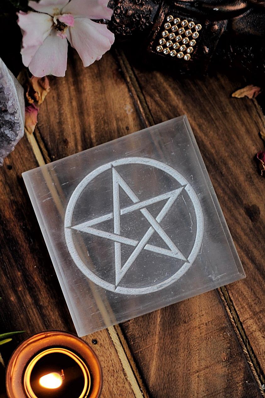 Selenite Plate with Symbol of Pentacle (Satin Spar Selenite) | Stone for Spiritual work & Cleansing - Image 3