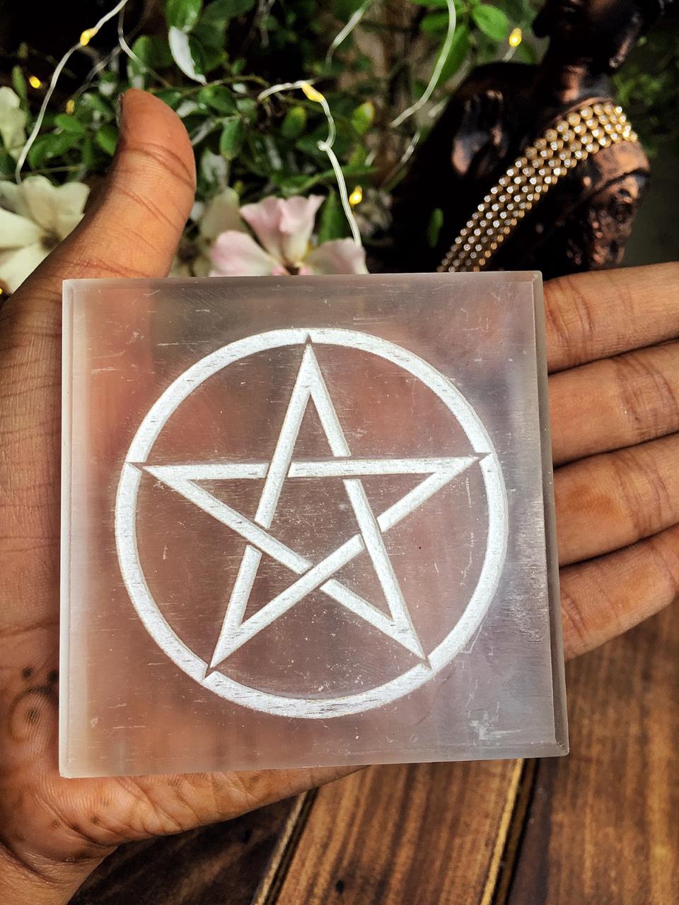 Selenite Plate with Symbol of Pentacle (Satin Spar Selenite) | Stone for Spiritual work & Cleansing - Image 4