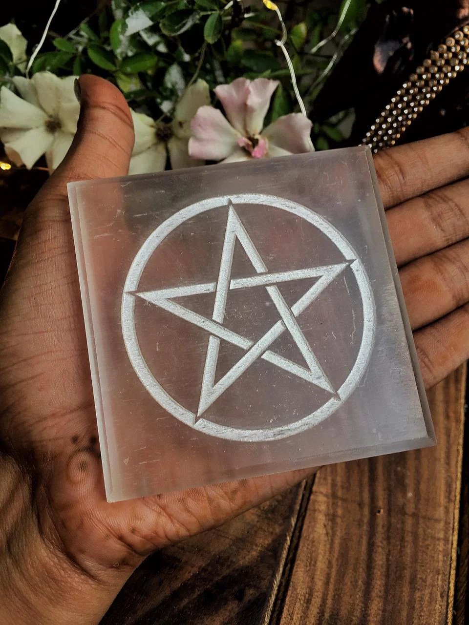Selenite Plate with Symbol of Pentacle (Satin Spar Selenite) | Stone for Spiritual work & Cleansing - Image 5