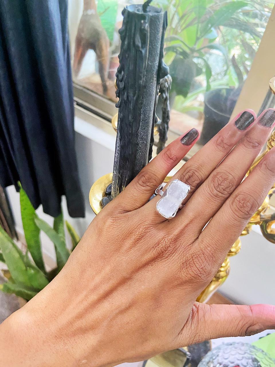 Selenite Silver Adjustable fine Silver Ring (Satin Spar Selenite) | Stone for Spiritual work & Cleansing - Image 6