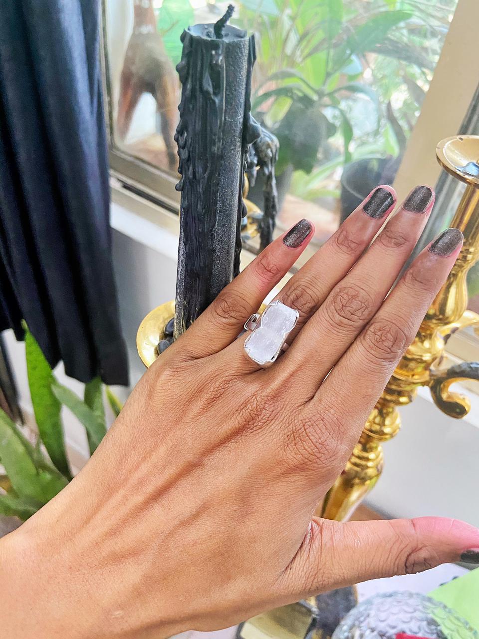 Selenite Silver Adjustable fine Silver Ring (Satin Spar Selenite) | Stone for Spiritual work & Cleansing - Image 7