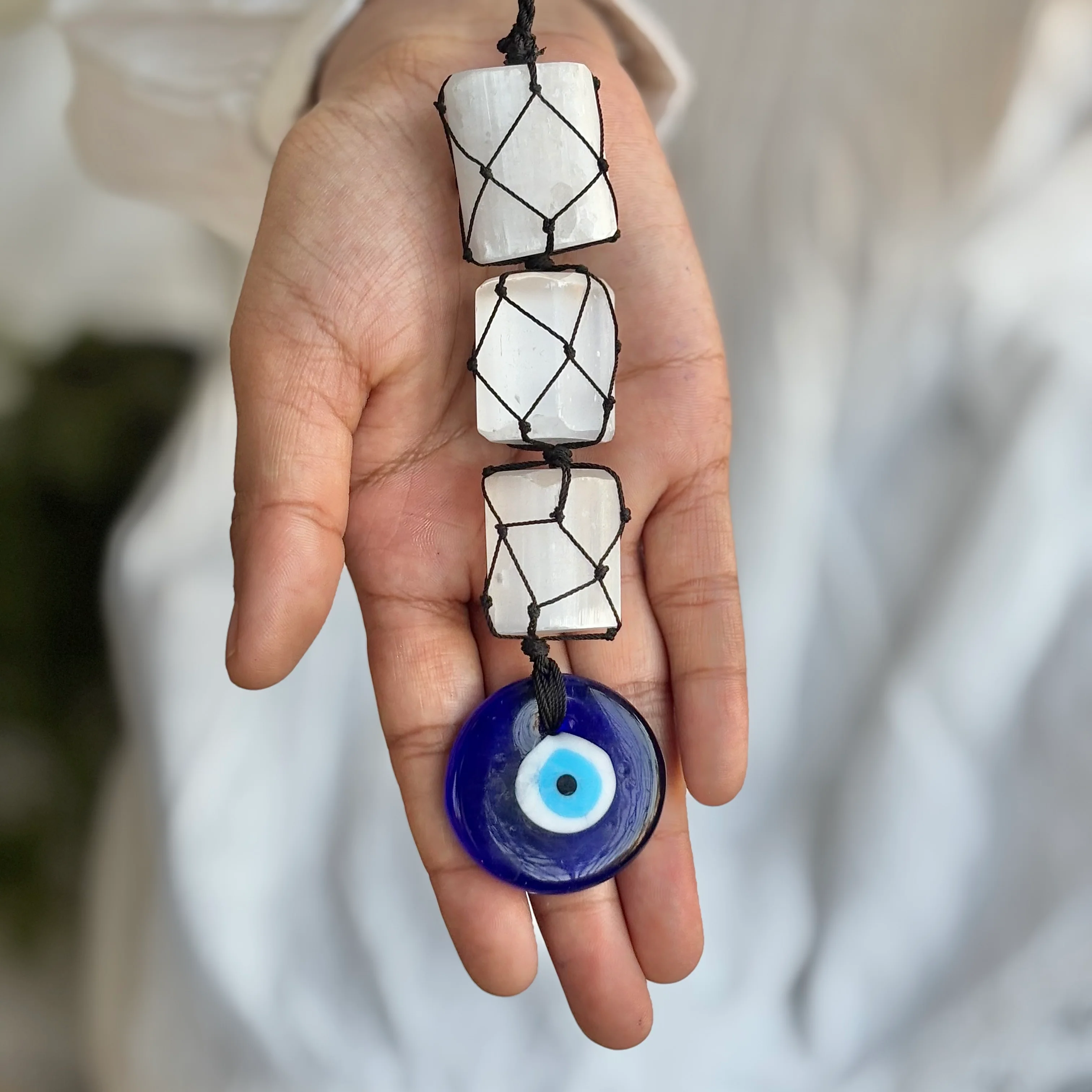 Selenite with Evil Eye Door Hanging | Hanger | Dangler - (Satin Spar Selenite) | Stone for Spiritual work & Cleansing - Image 2