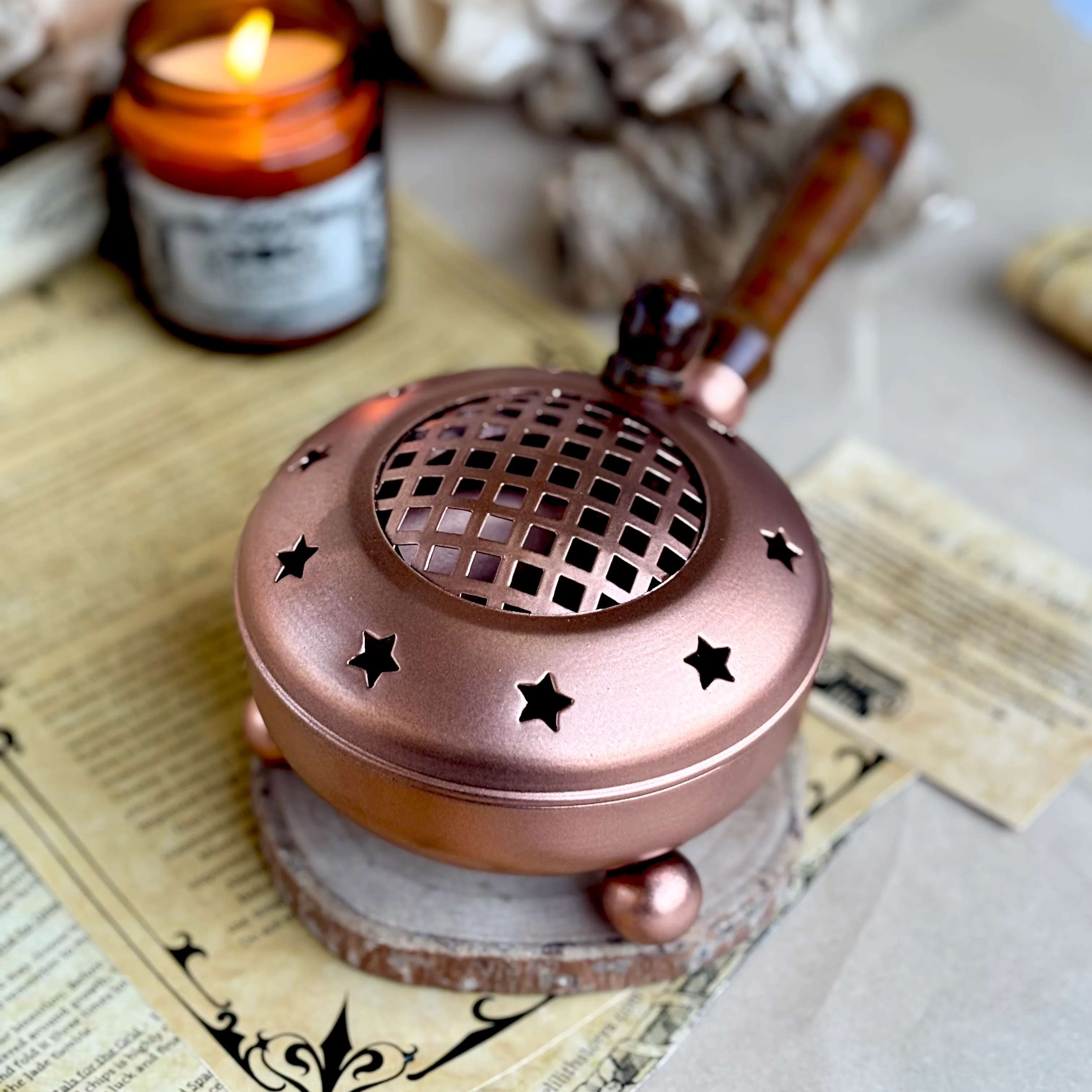 Star Crafted Iron Incense Burner with Rose Gold finish & Wooden Handle - Image 2
