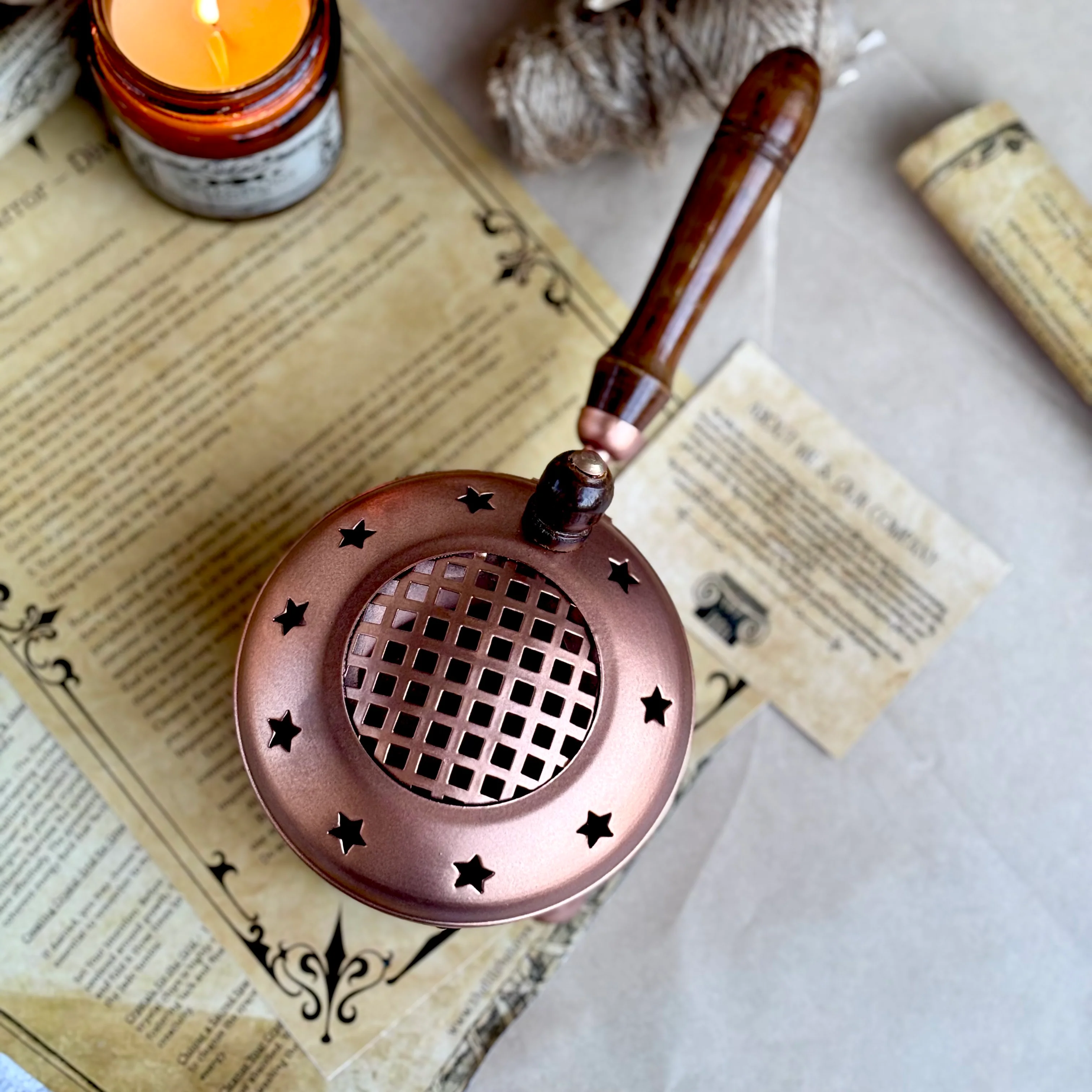 Star Crafted Iron Incense Burner with Rose Gold finish & Wooden Handle - Image 5