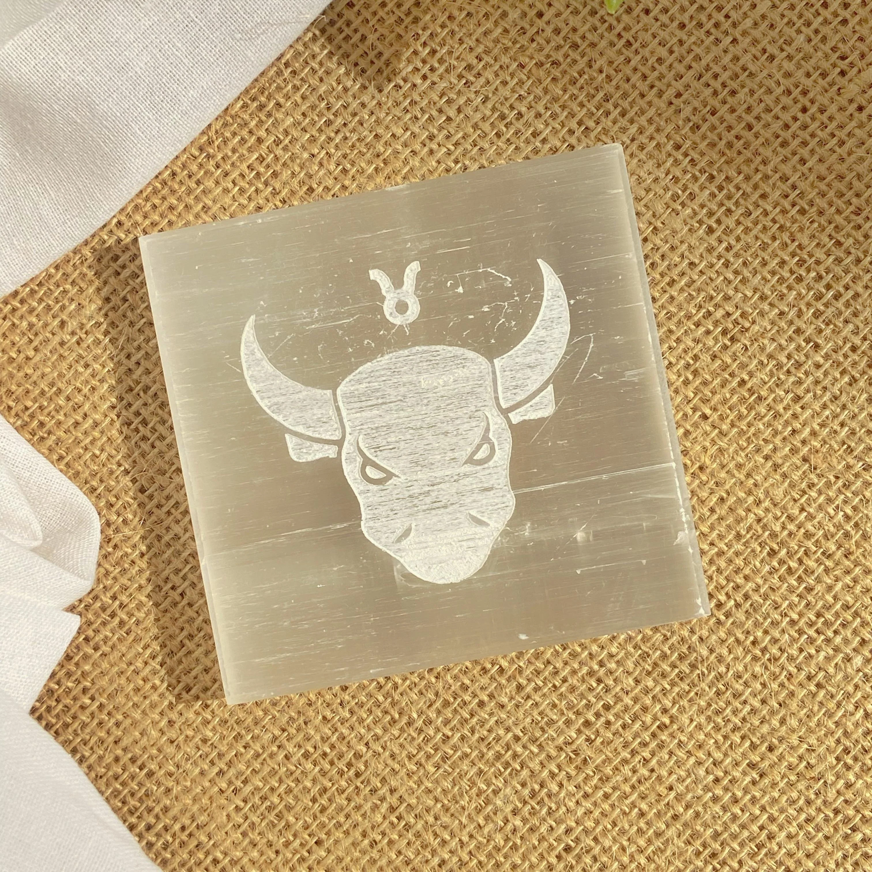 Taurus Zodiac Carved Selenite Plate (Satin Spar Selenite)- 3 Inches | Stone for Spiritual work & Cleansing - Image 2