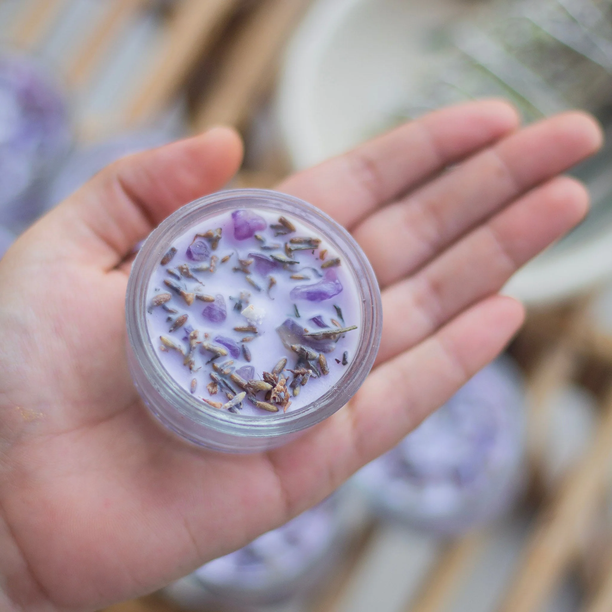 Lavender Buds + Amethyst + Lavender colour Scented Soy Wax Tealight Candle - Set of 8 | Available in Glass Container & Refill - Image 3