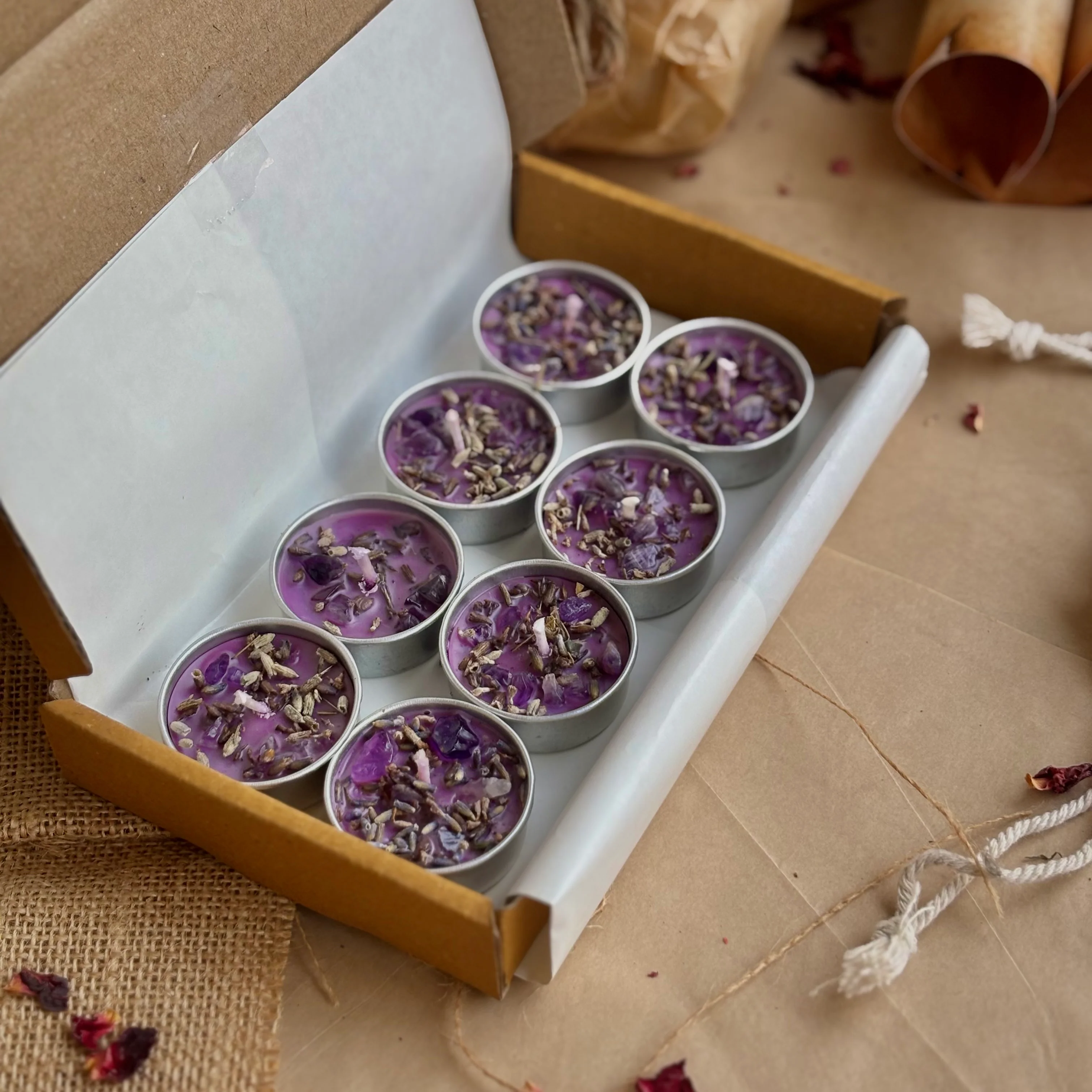 Lavender Soy Wax Tealight Candle with Lavender & Amethyst - Image 2