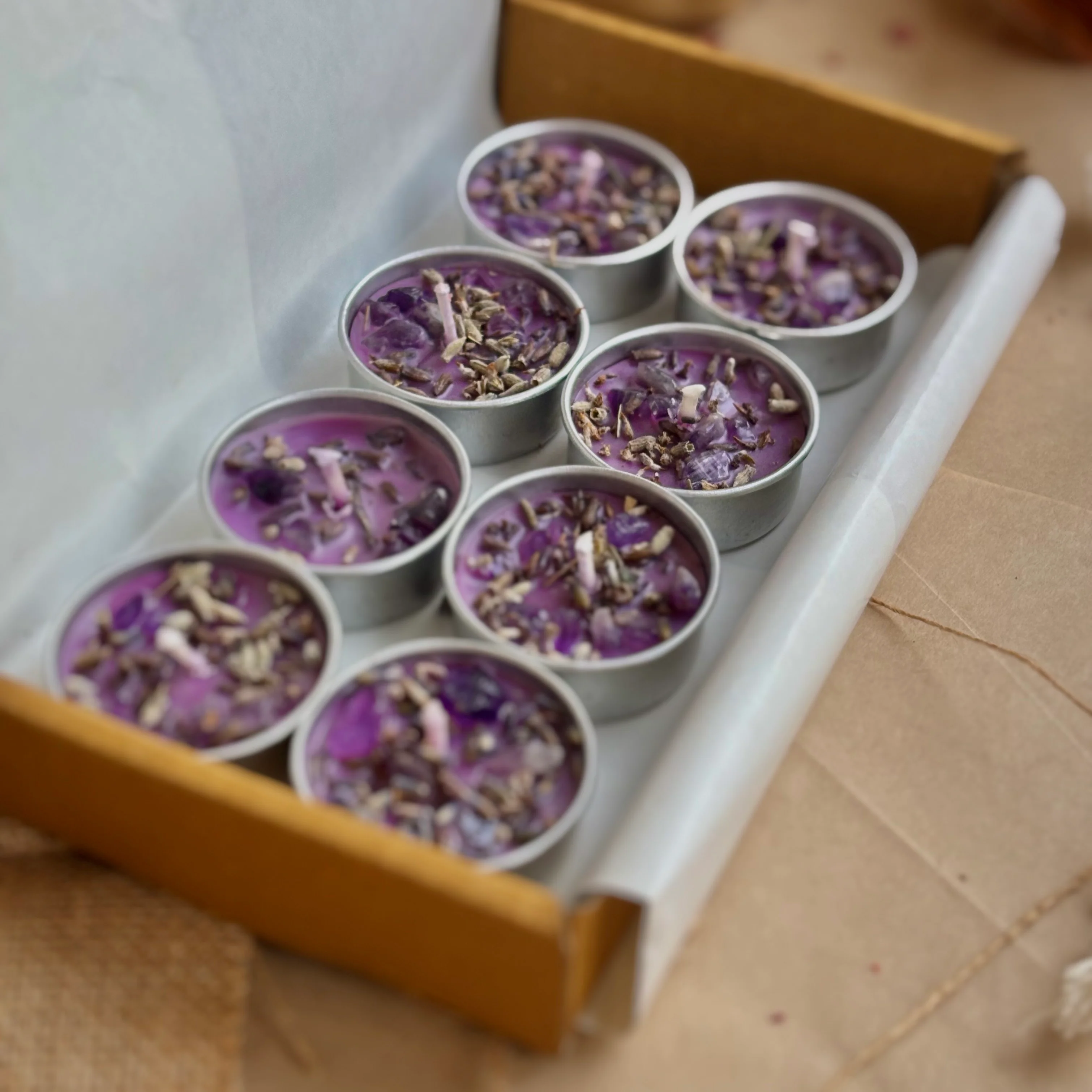 Lavender Soy Wax Tealight Candle with Lavender & Amethyst - Image 5