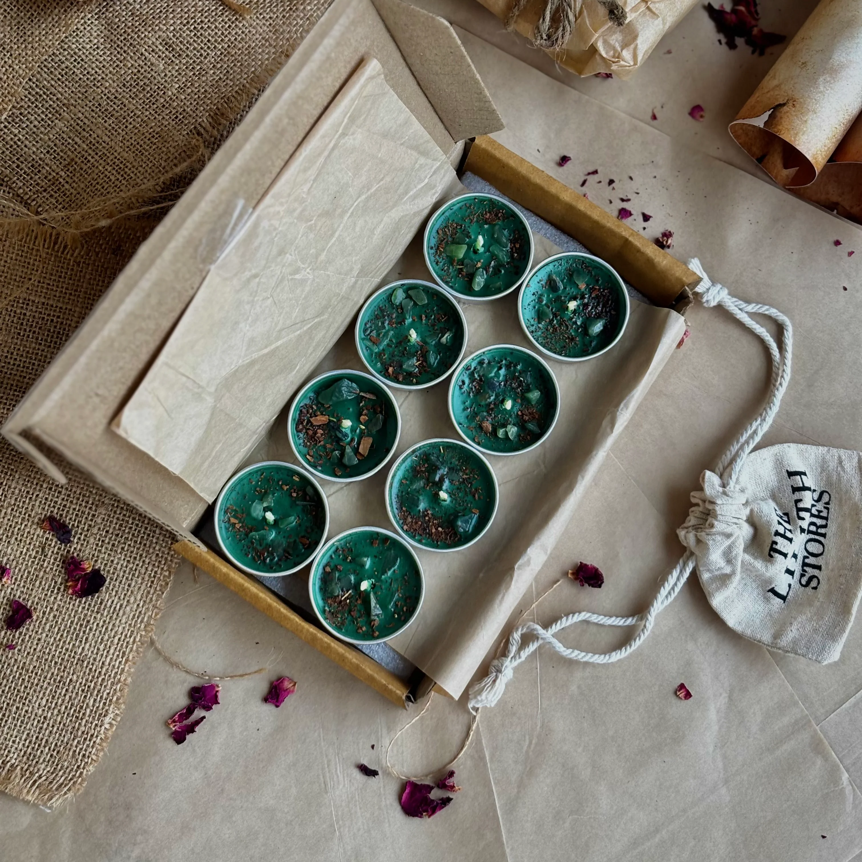 Green Soy Wax Tealight Candle with Cinnamon & Green Aventurine - Image 3