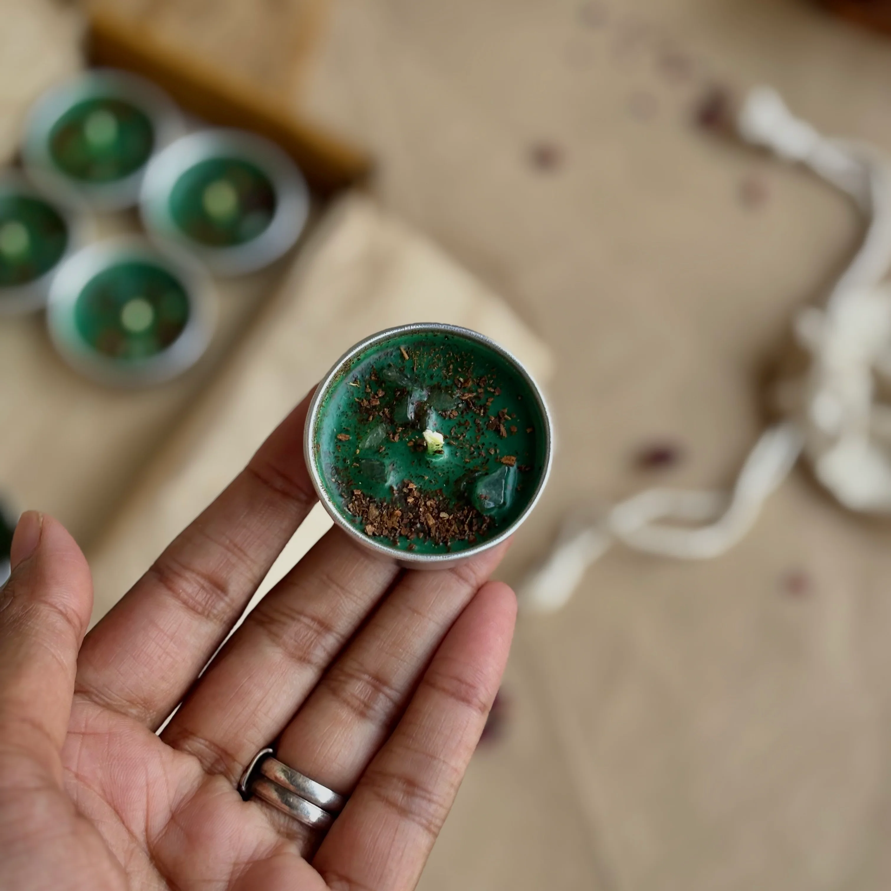 Green Soy Wax Tealight Candle with Cinnamon & Green Aventurine - Image 5