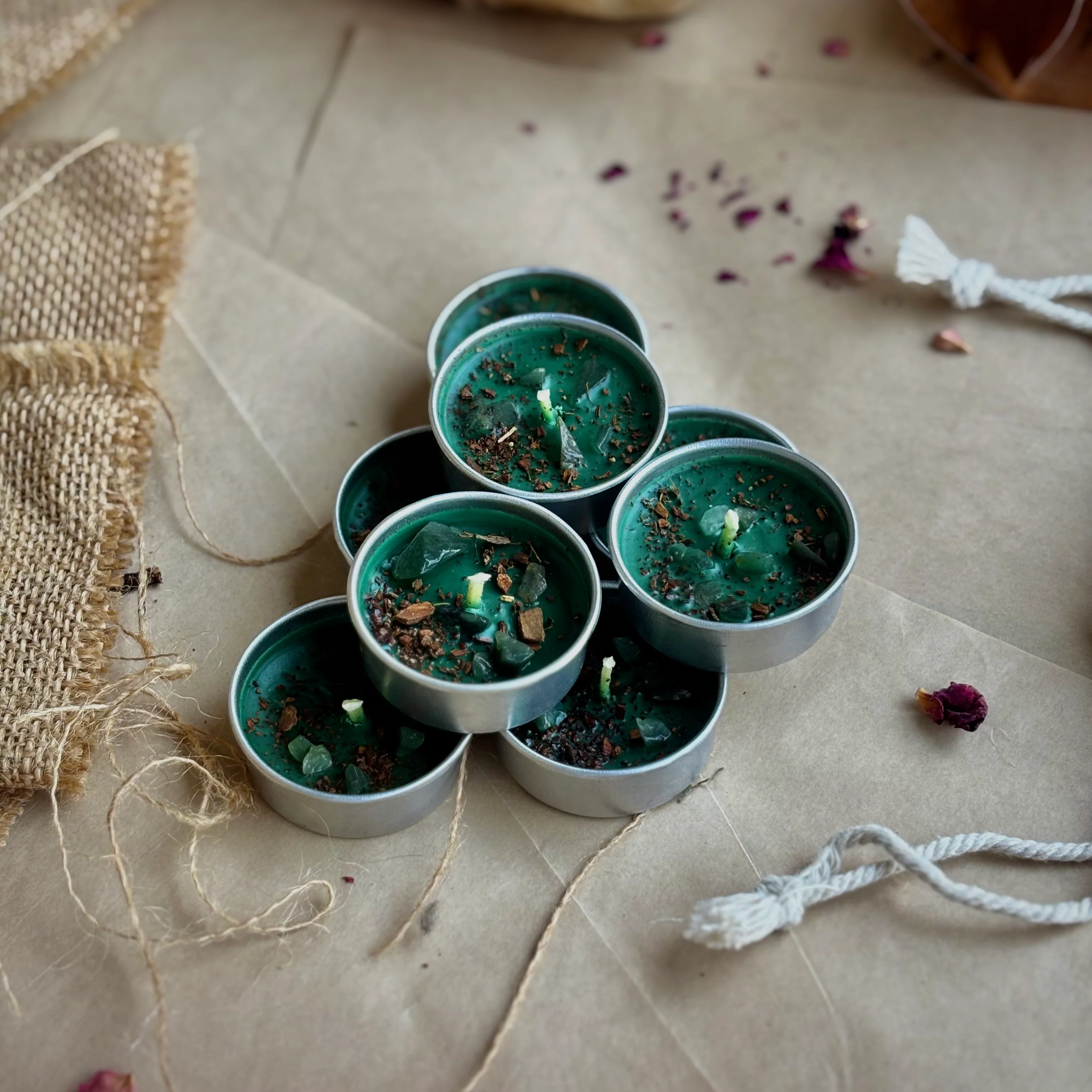 Green Soy Wax Tealight Candle with Cinnamon & Green Aventurine - Image 6