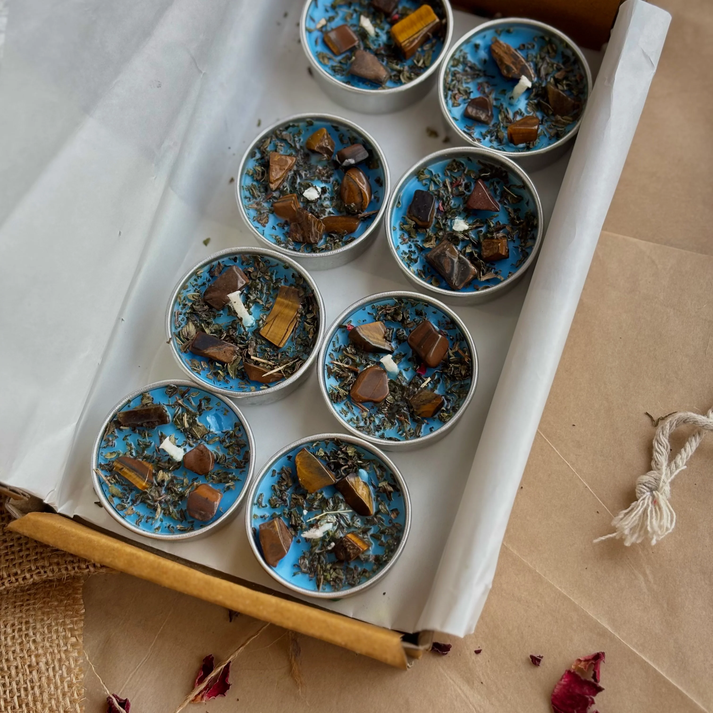 Blue Soy Wax Tealight Candle with Peppermint & Tiger’s Eye