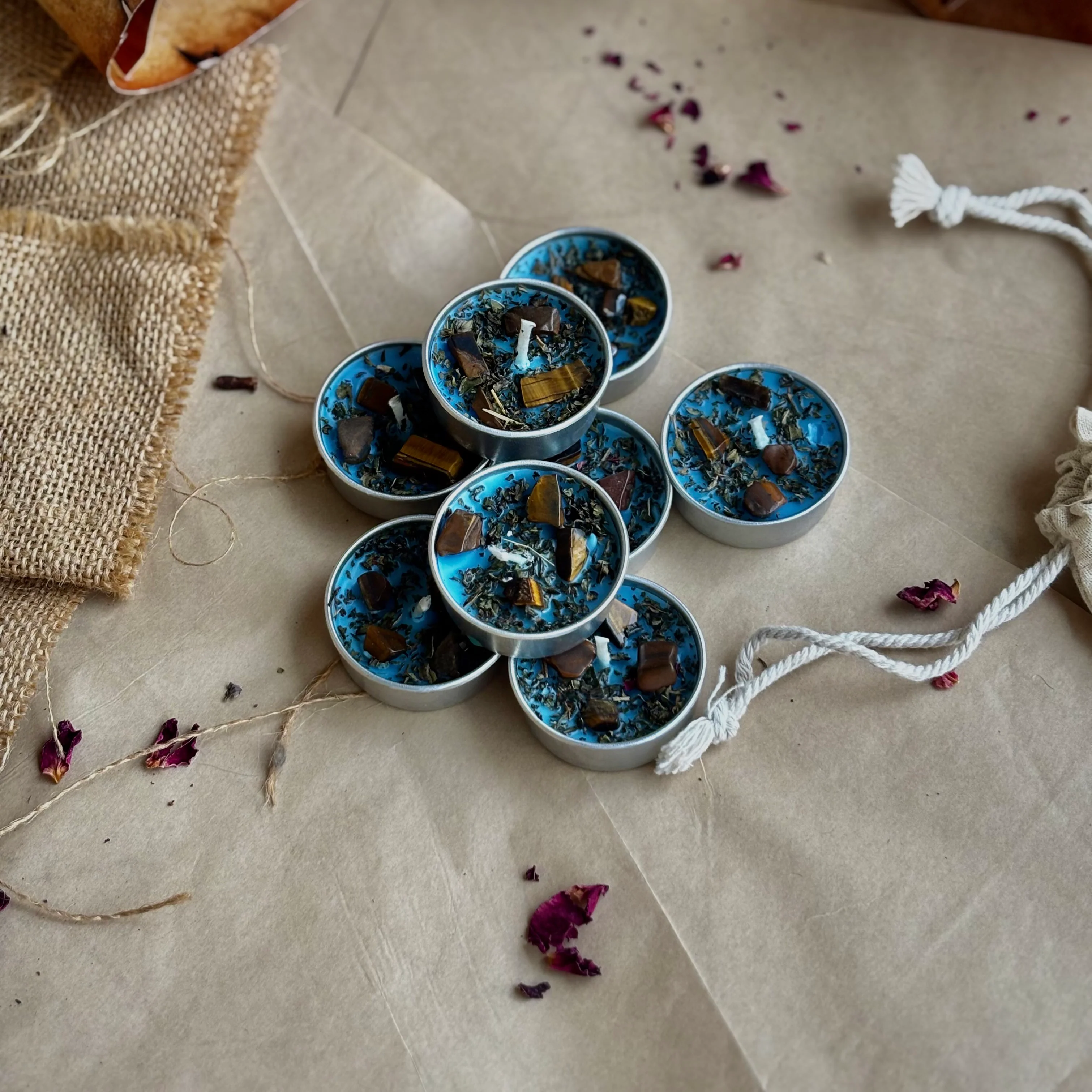 Blue Soy Wax Tealight Candle with Peppermint & Tiger’s Eye - Image 3