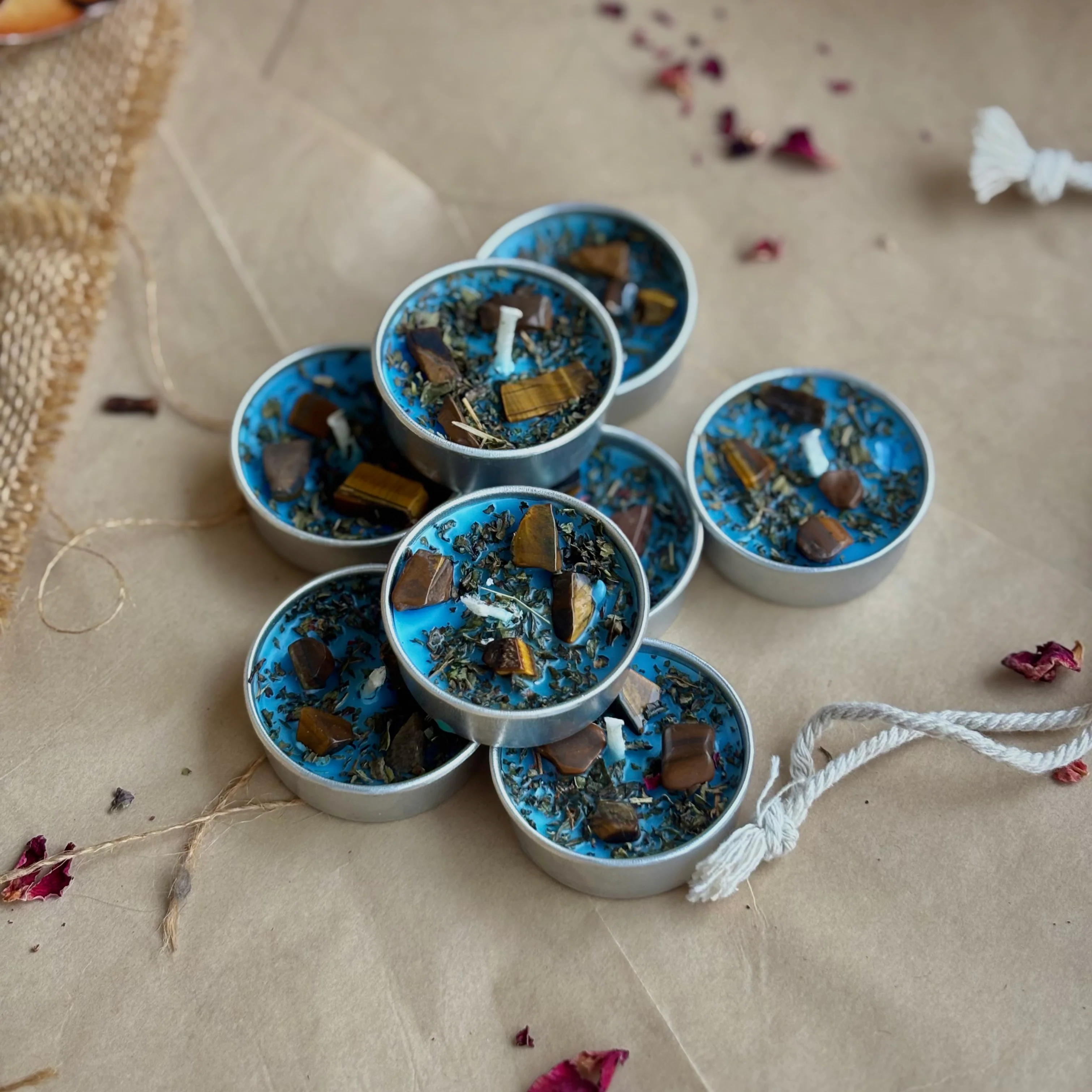 Blue Soy Wax Tealight Candle with Peppermint & Tiger’s Eye - Image 4