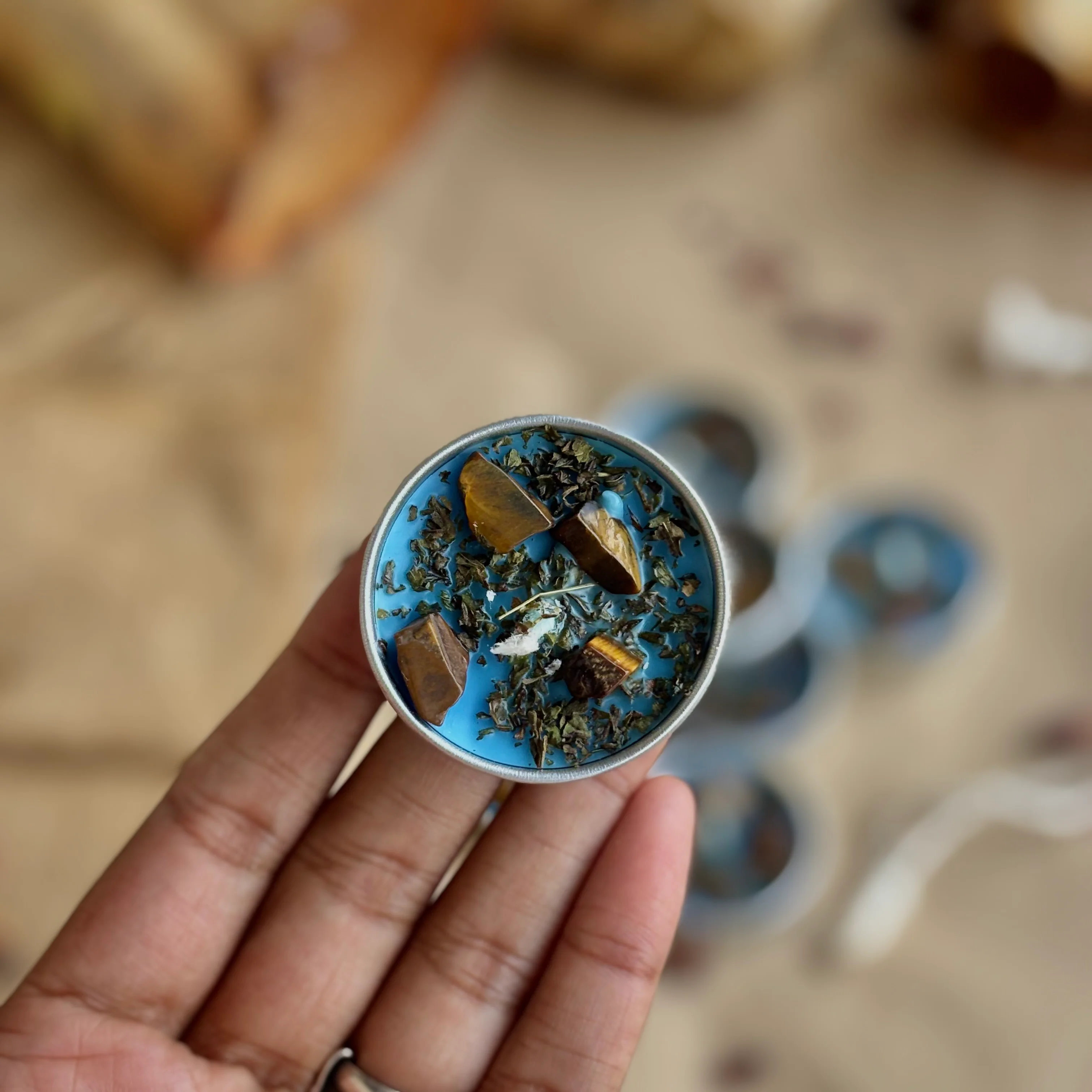 Blue Soy Wax Tealight Candle with Peppermint & Tiger’s Eye - Image 5