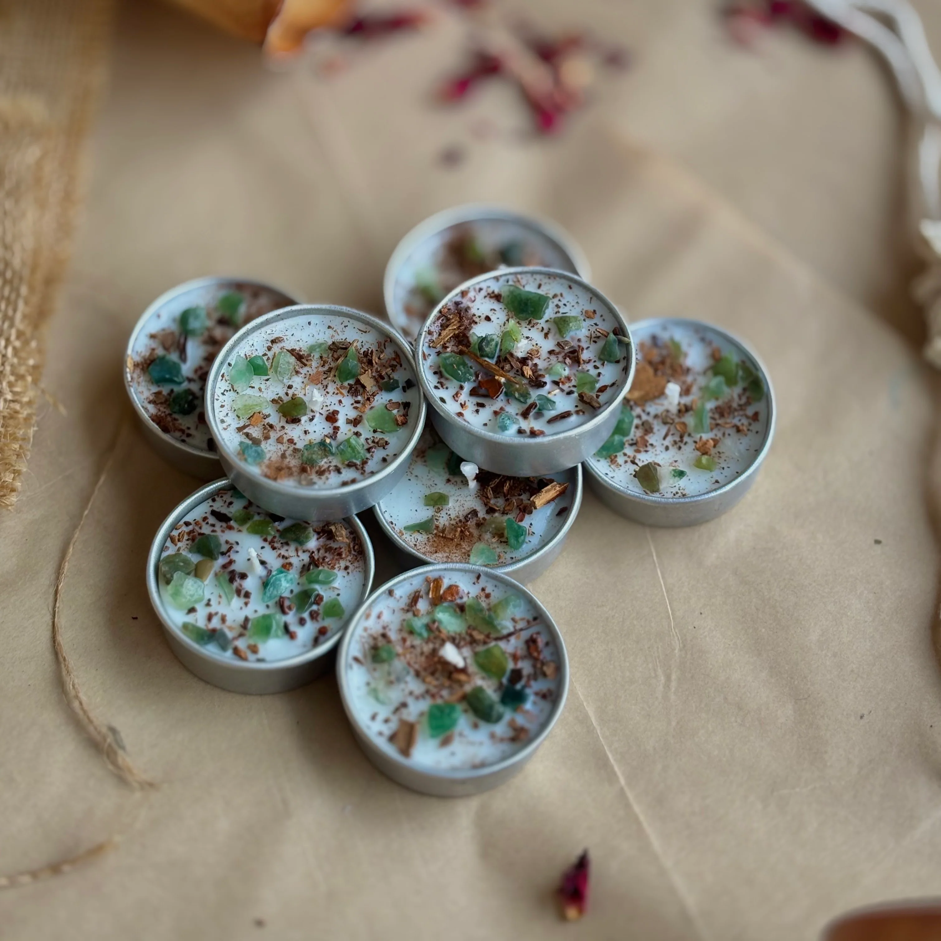 Cinnamon & Green Aventurine Soy Tealight Candle - Image 6