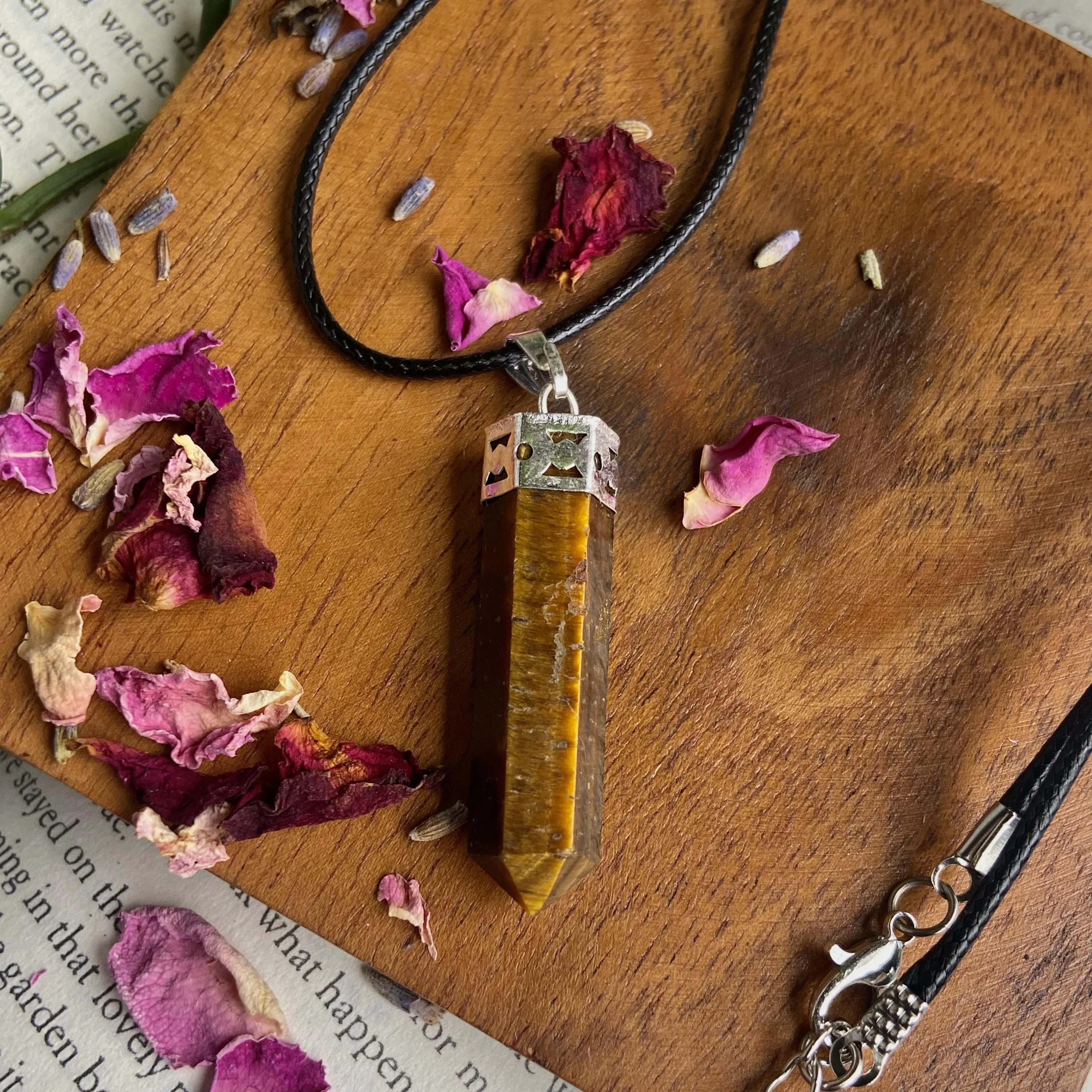 Tiger's eye Pencil Pendant with leather cord | Wealth & Fortune - Image 2