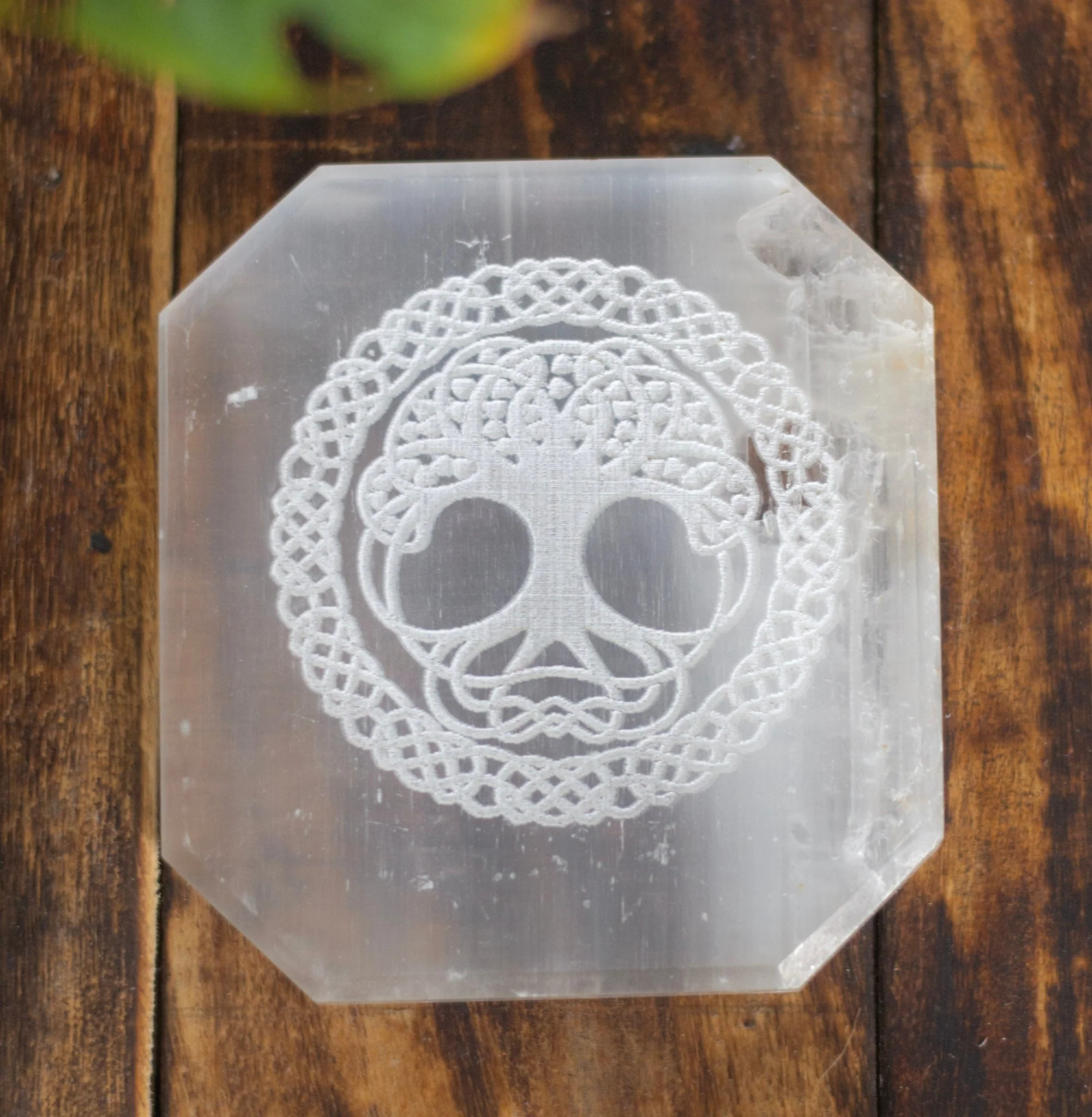 Tree of life symbol carved Selenite Plate (Satin Spar Selenite) | Stone for Spiritual work & Cleansing - Image 4