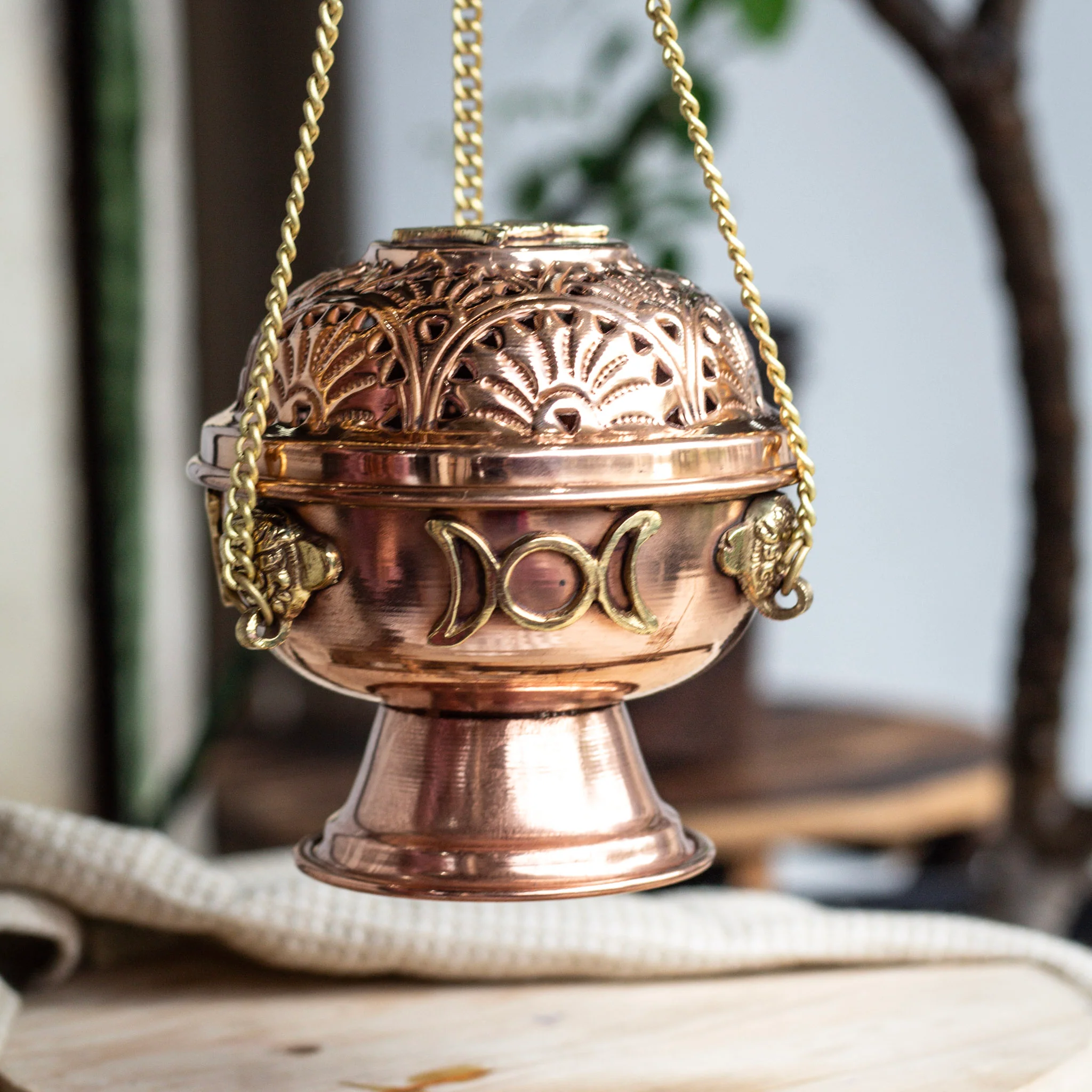 Tripe Moon Carved Copper Incense Holder - Image 2