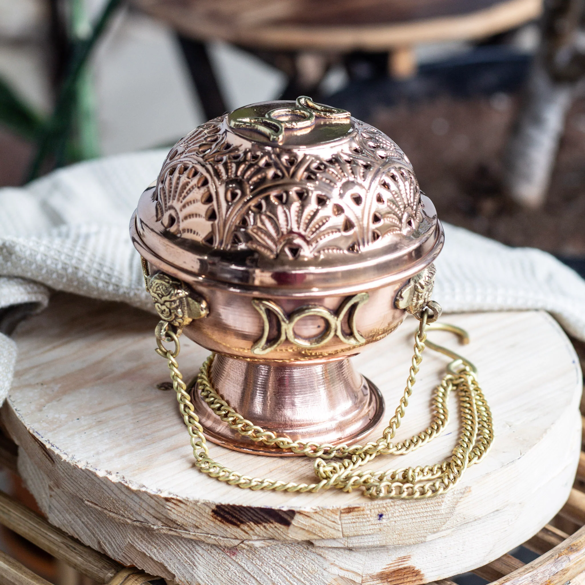 Tripe Moon Carved Copper Incense Holder - Image 3