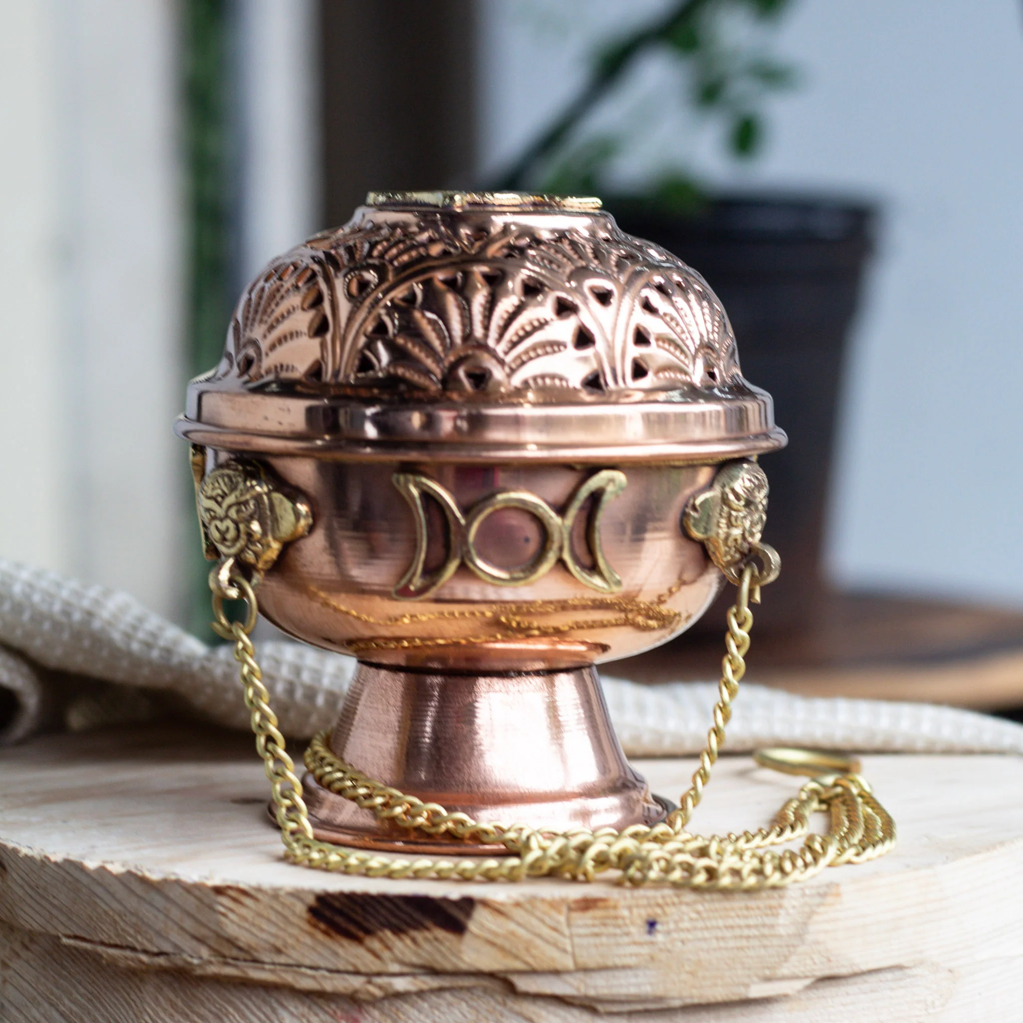 Tripe Moon Carved Copper Incense Holder - Image 4