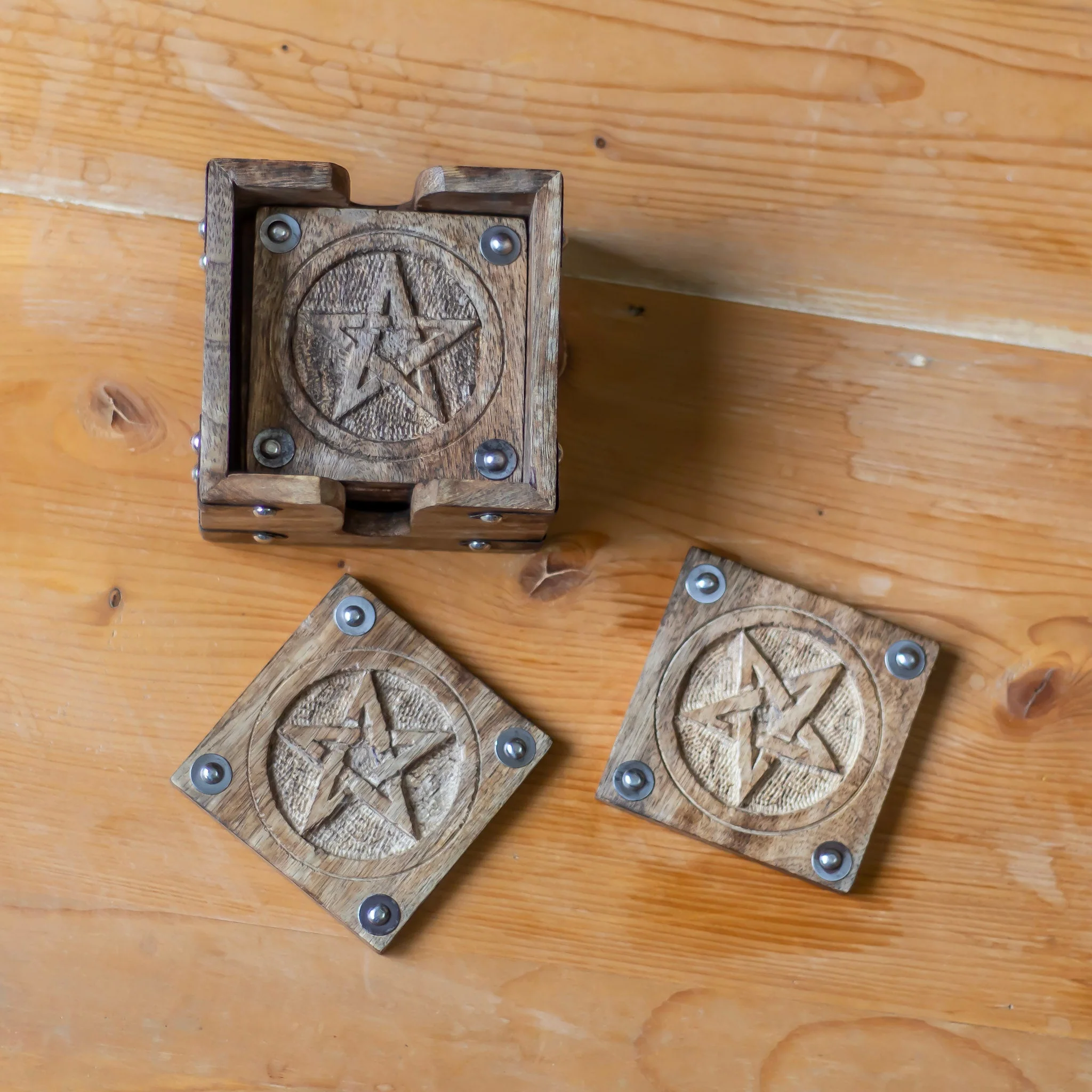 Vintage Pentacle Carved wooden coaster | Set of 6
