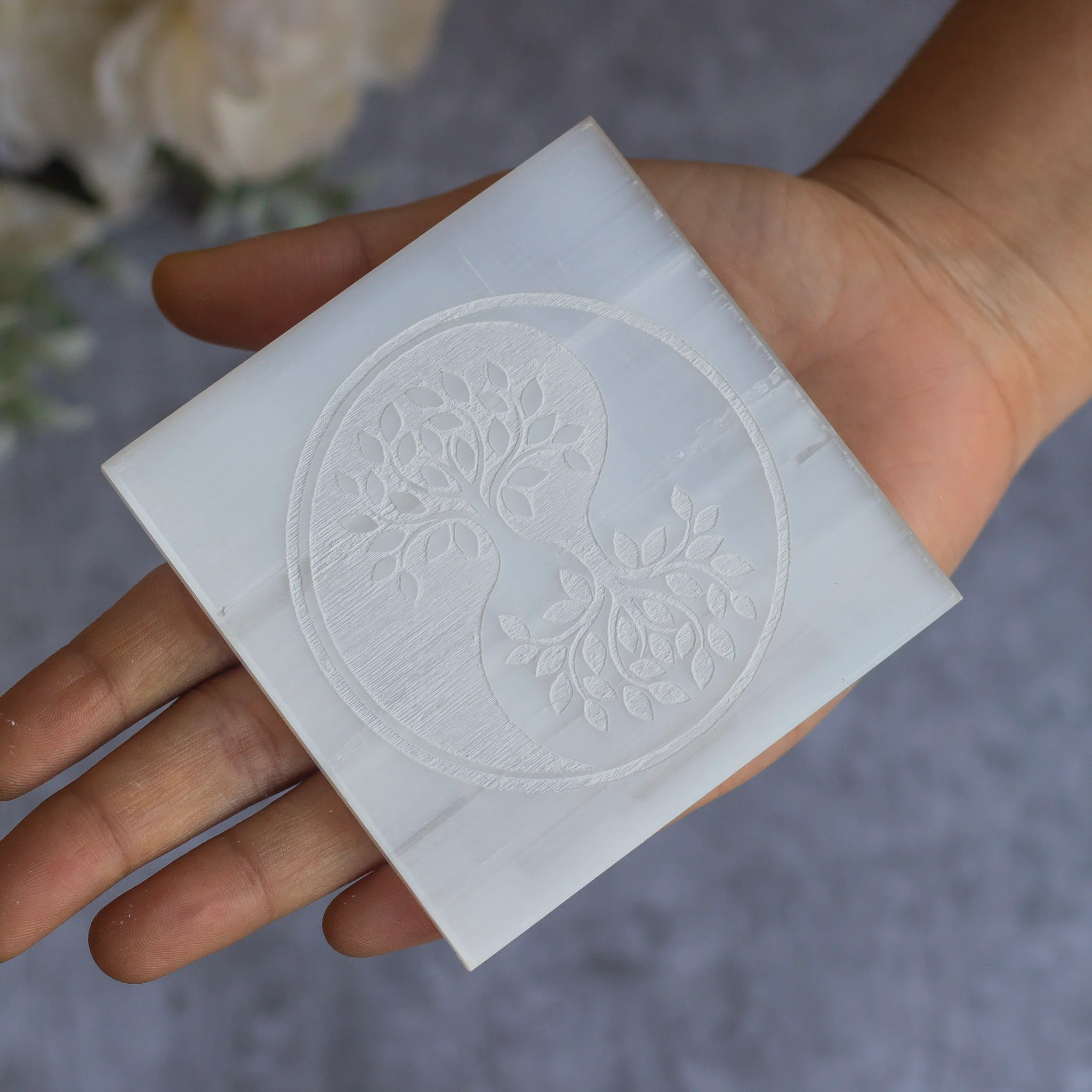 Yin Yang Carved Selenite Plate (Satin Spar Selenite) | Stone for Spiritual work & Cleansing - Image 3